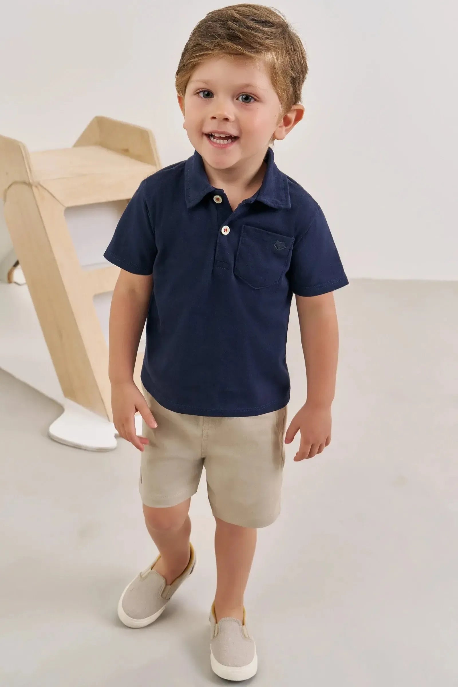 Conjunto de Camisa Polo em Meia Malha e Bermuda em Sarja Girassol com Elastano 88785 Johnny Fox Bebê Menino