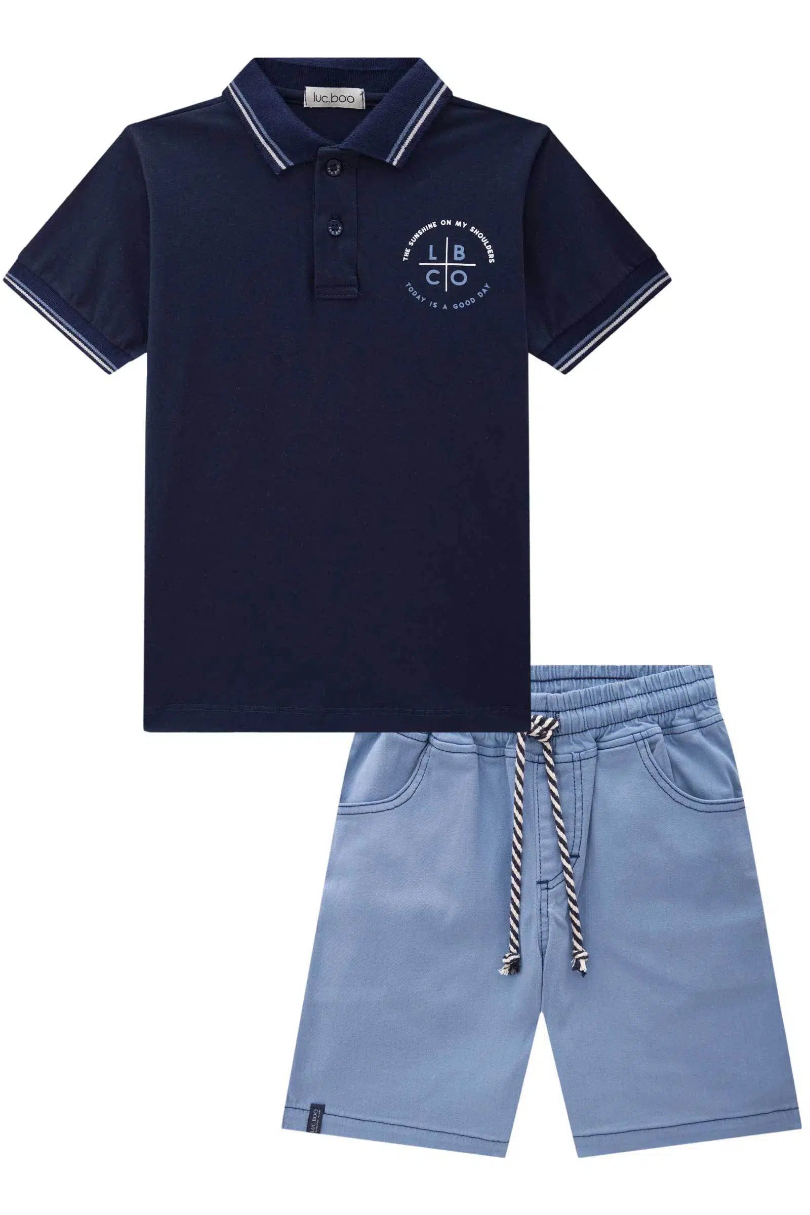 Conjunto Infantil Menino de Camisa Polo em Meia Malha e Bermuda em Sarja Onix Stretch com Elastano 81662 LucBoo