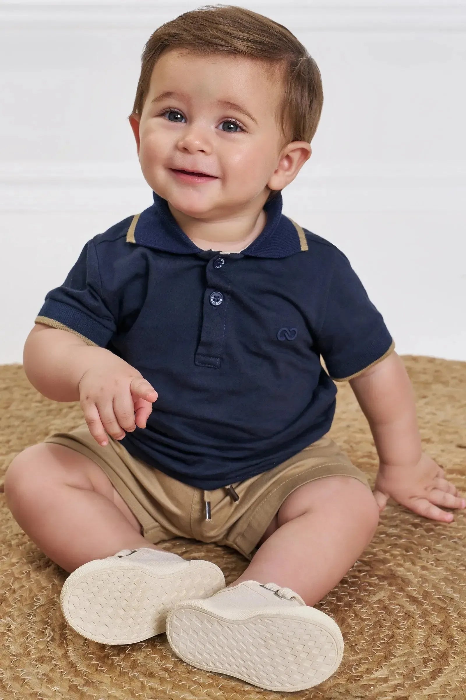 Conjunto de Camisa Polo em Meia Malha e Bermuda em Sarja Stretch com Elastano 92875 LucBoo Bebê Menino