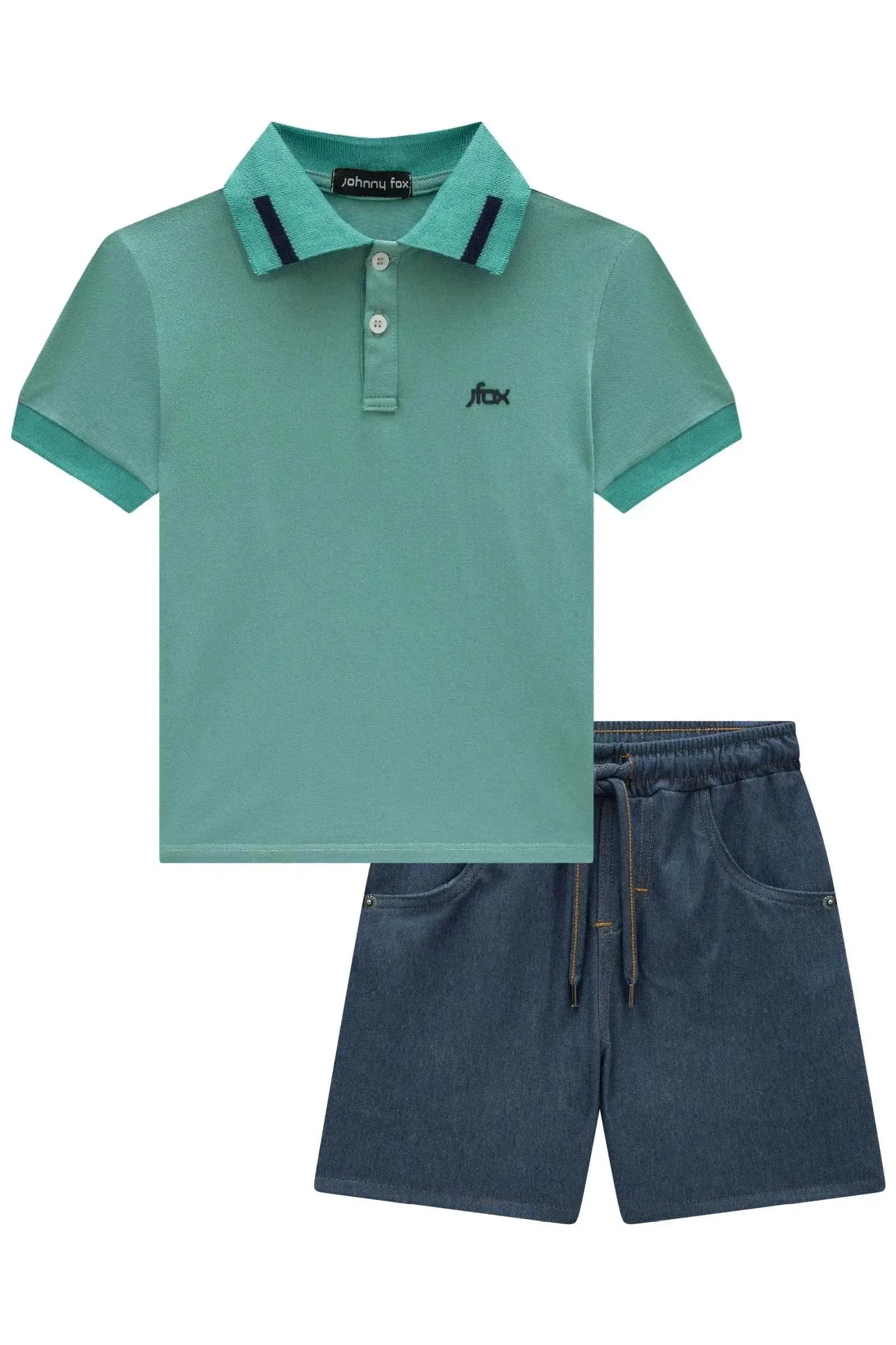Conjunto de Camisa Polo em Piquet com Elastano e Bermuda em Cotton Jeans com Elastano 84701 Johnny Fox Teen Menino