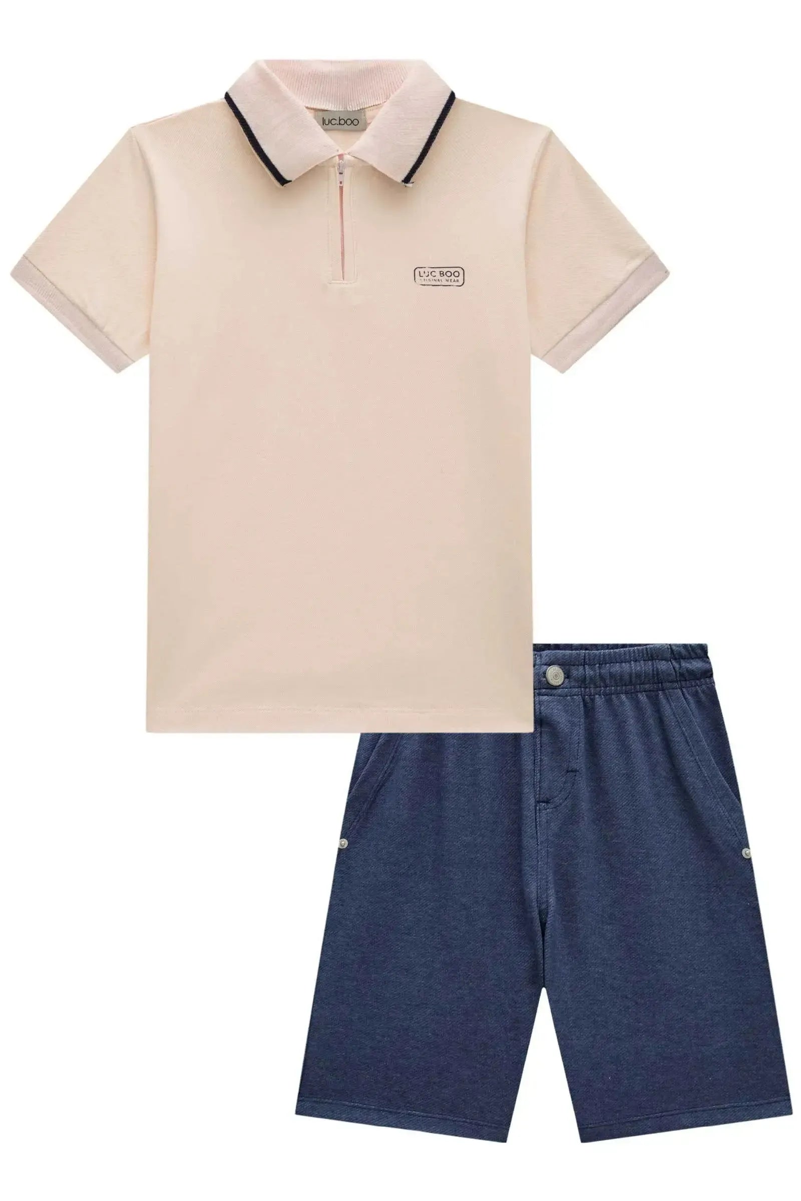 Conjunto de Camisa Polo em Piquet com Elastano e Bermuda em Cotton Jeans com Elastano 85274 LucBoo Infantil Menino
