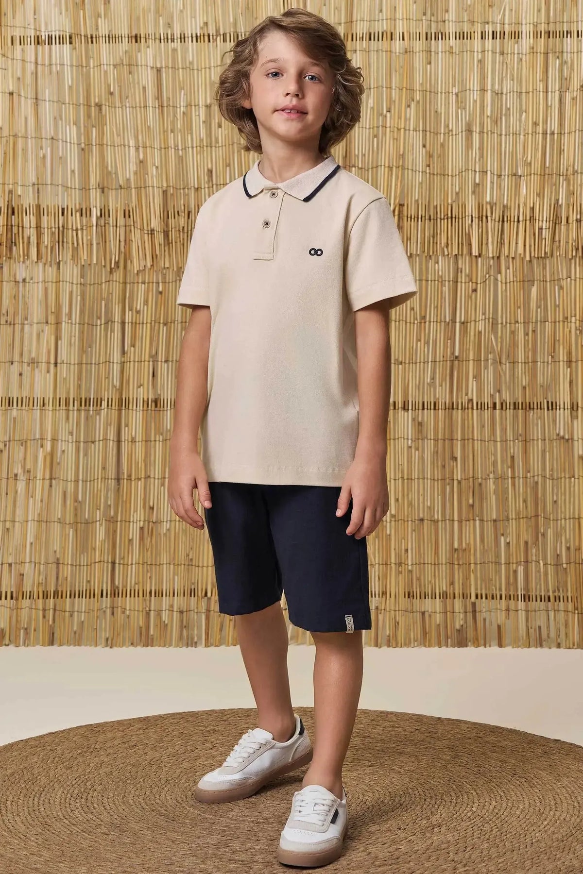Conjunto de Camisa Polo em Piquet com Elastano e Bermuda em Linho Santorine 99062 LucBoo Infantil Menino
