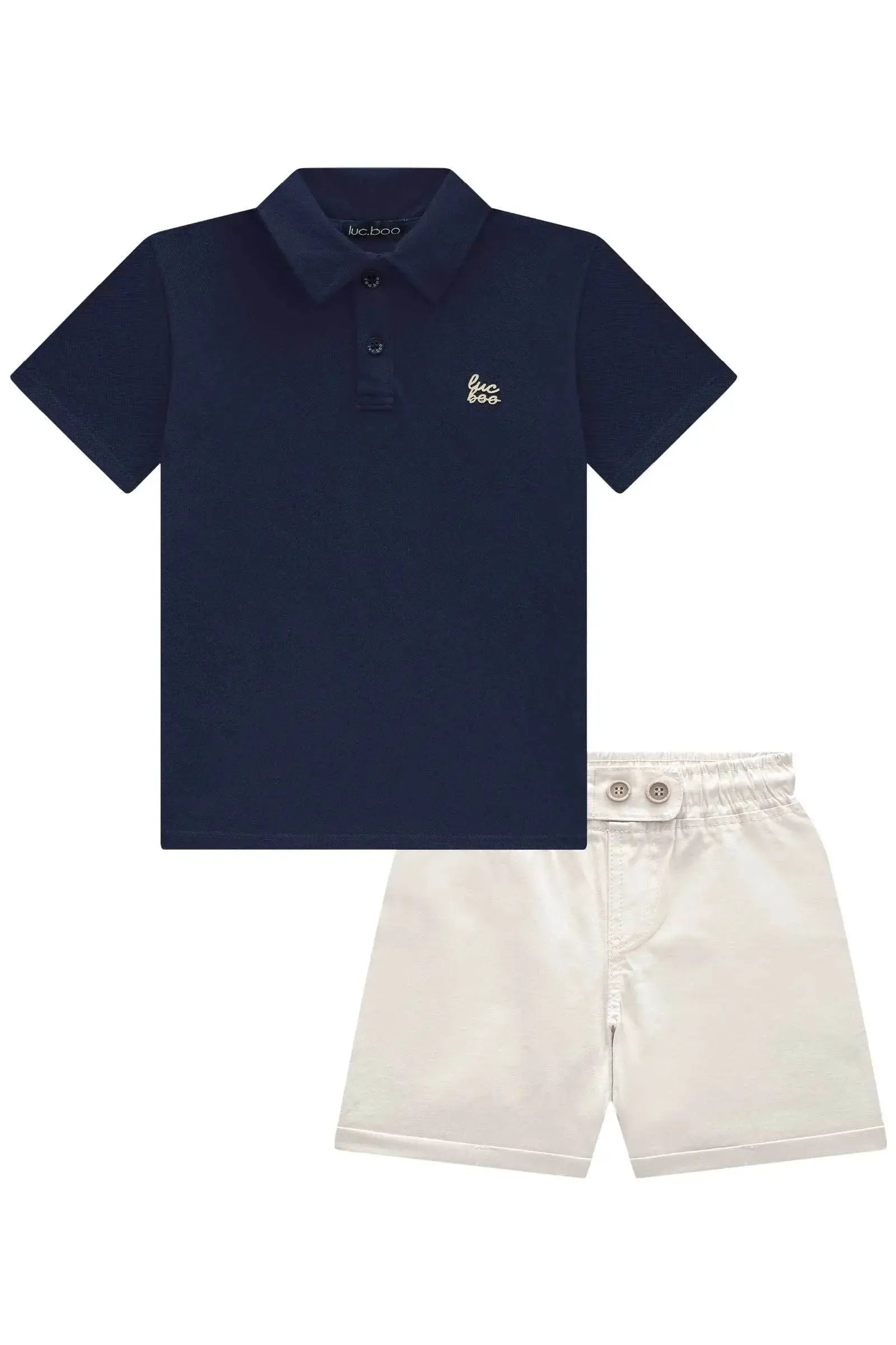 Conjunto de Camisa Polo em Piquet com Elastano e Bermuda em Sarja Caribe com Elastano 84257 LucBoo Infantil Menino
