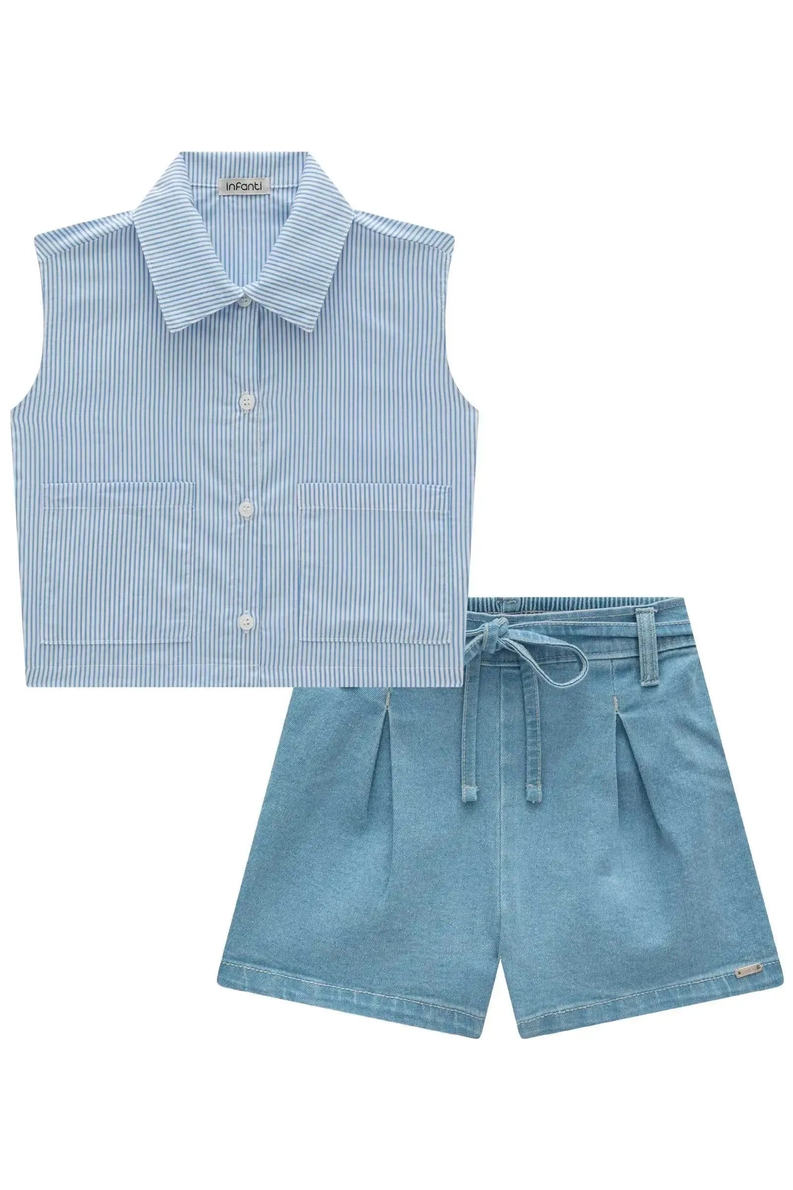 Conjunto de Camisa Regata Boxy em Tricoline Listrado e Shorts em Jeans com Elastano 84858 Infanti Infantil Menina