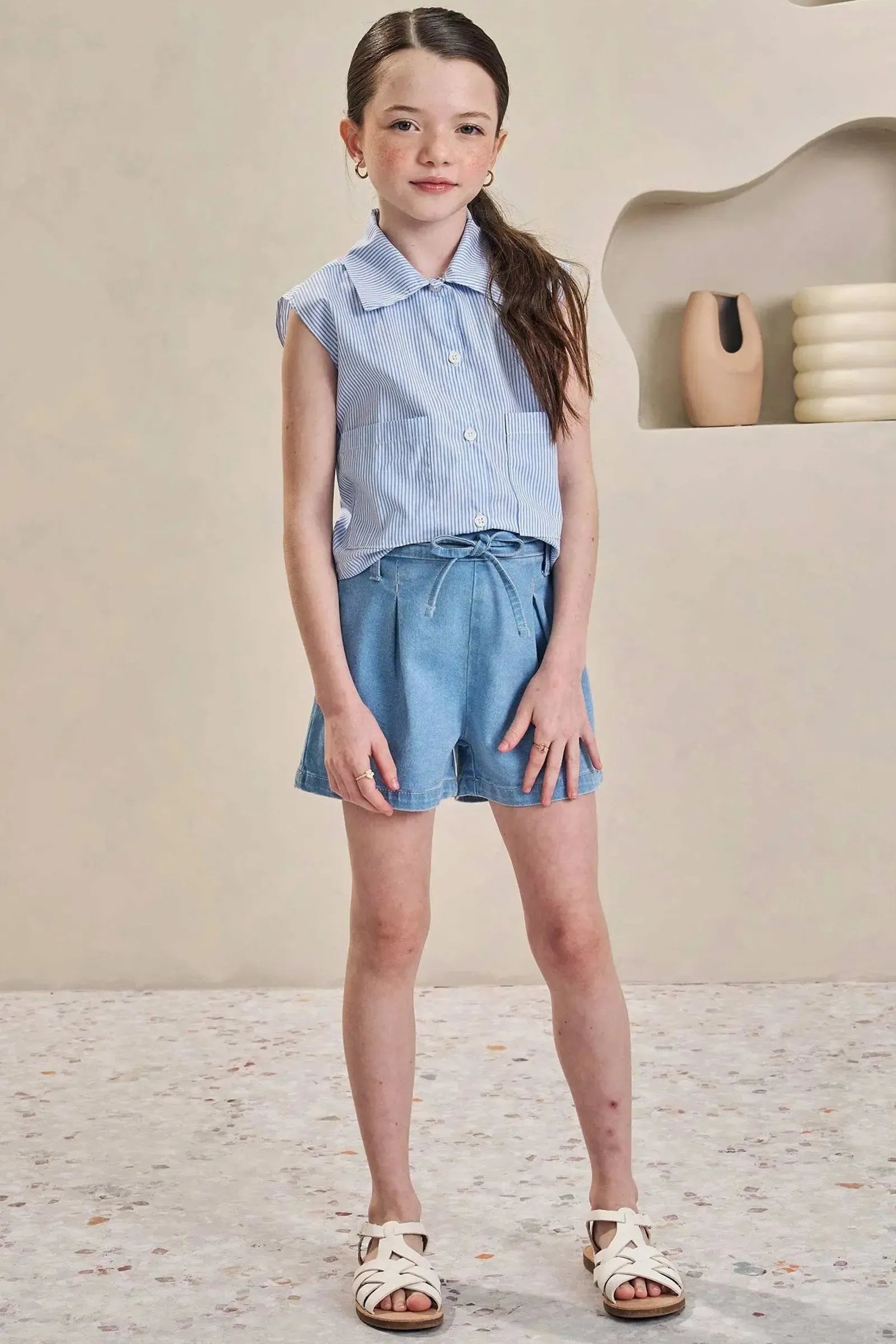 Conjunto de Camisa Regata Boxy em Tricoline Listrado e Shorts em Jeans com Elastano 84858 Infanti Infantil Menina