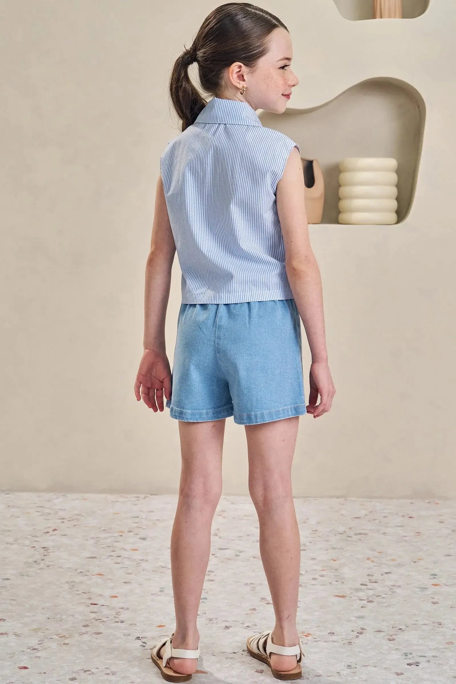 Conjunto de Camisa Regata Boxy em Tricoline Listrado e Shorts em Jeans com Elastano 84858 Infanti Infantil Menina