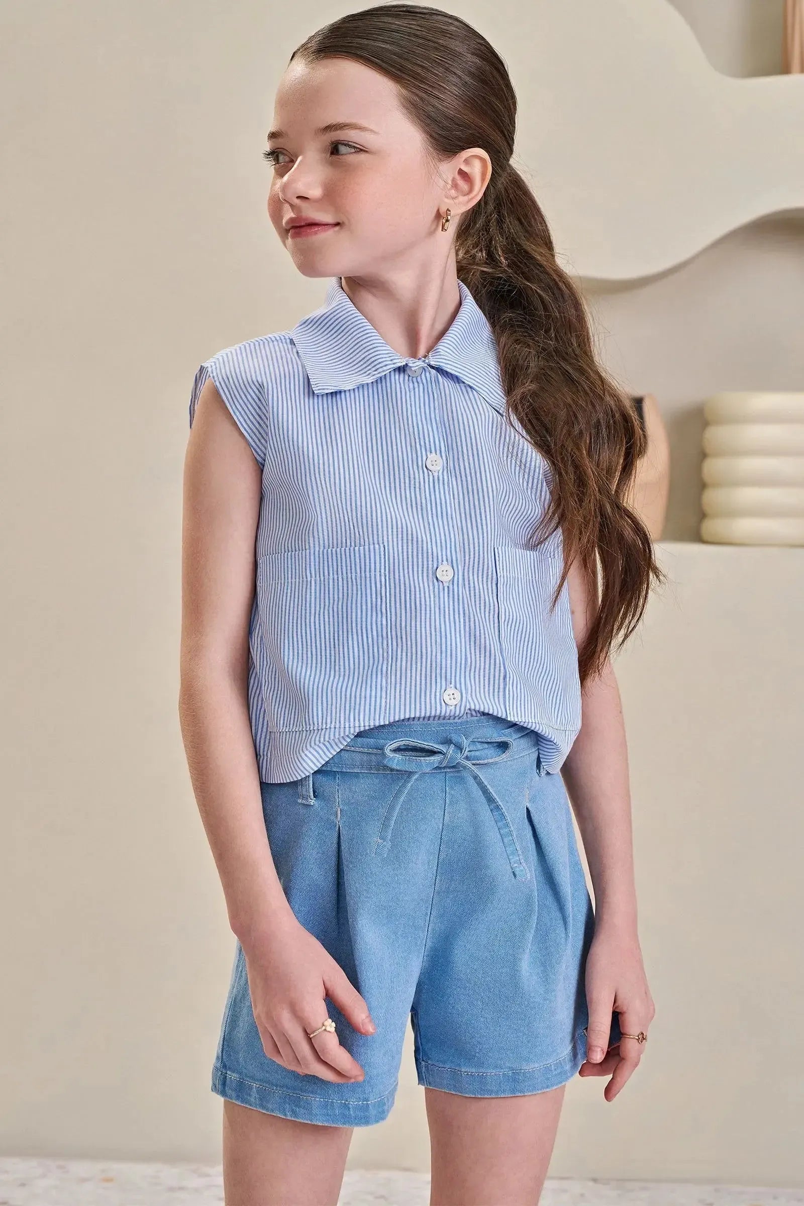 Conjunto de Camisa Regata Boxy em Tricoline Listrado e Shorts em Jeans com Elastano 84858 Infanti Infantil Menina