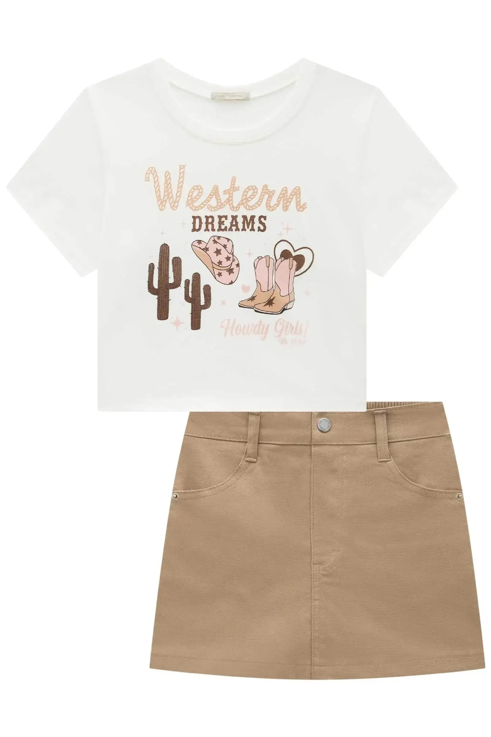 Conjunto de Camiseta Boxy Over em Meia Malha e Short Saia em Sarja com Elastano 92730 Vic&Vicky Teen Menina