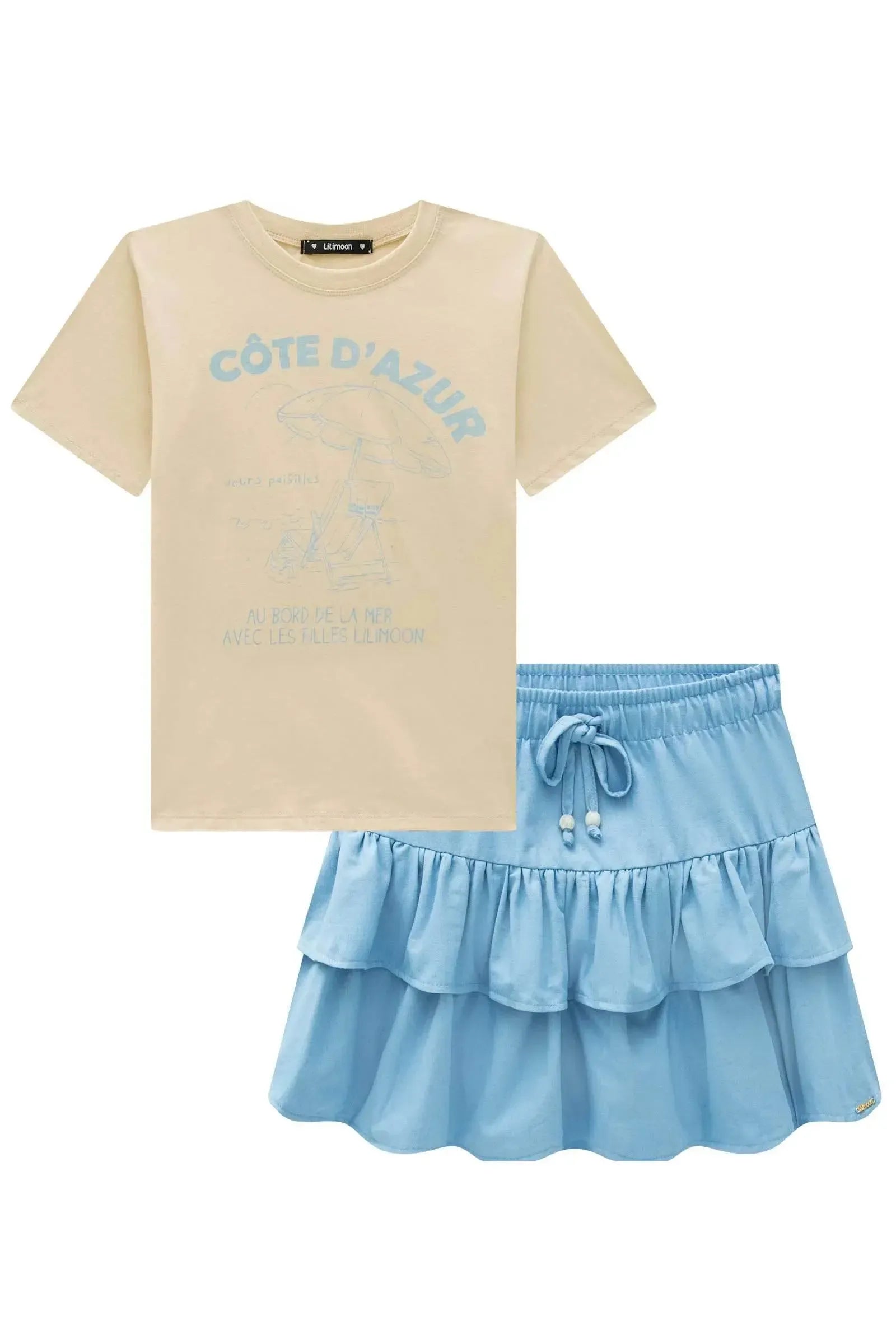 Conjunto de Camiseta Comfy em Meia Malha e Saia em Linho Santorine com Shorts Embutido 95315 Lilimoon Teen Menina