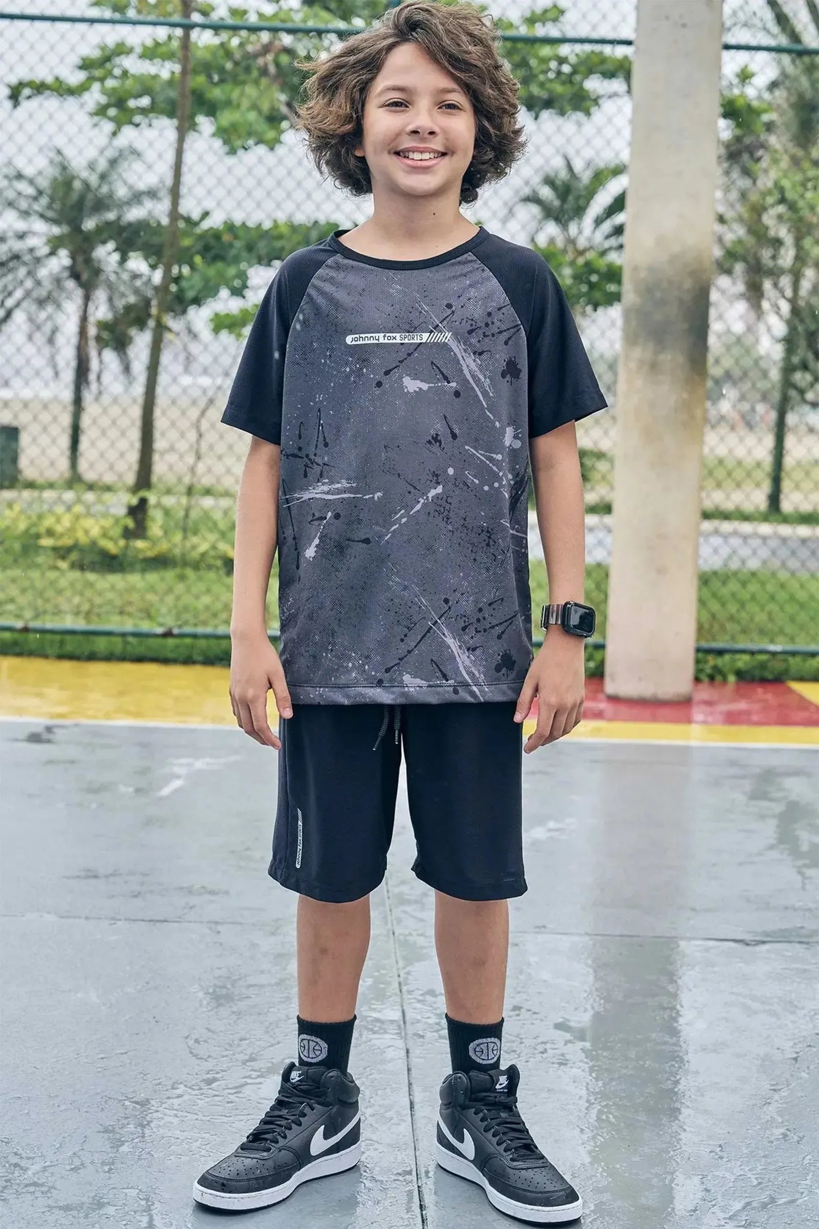 Conjunto de Camiseta e Bermuda em Malha Space Green 85649 Johnny Fox Teen Menino