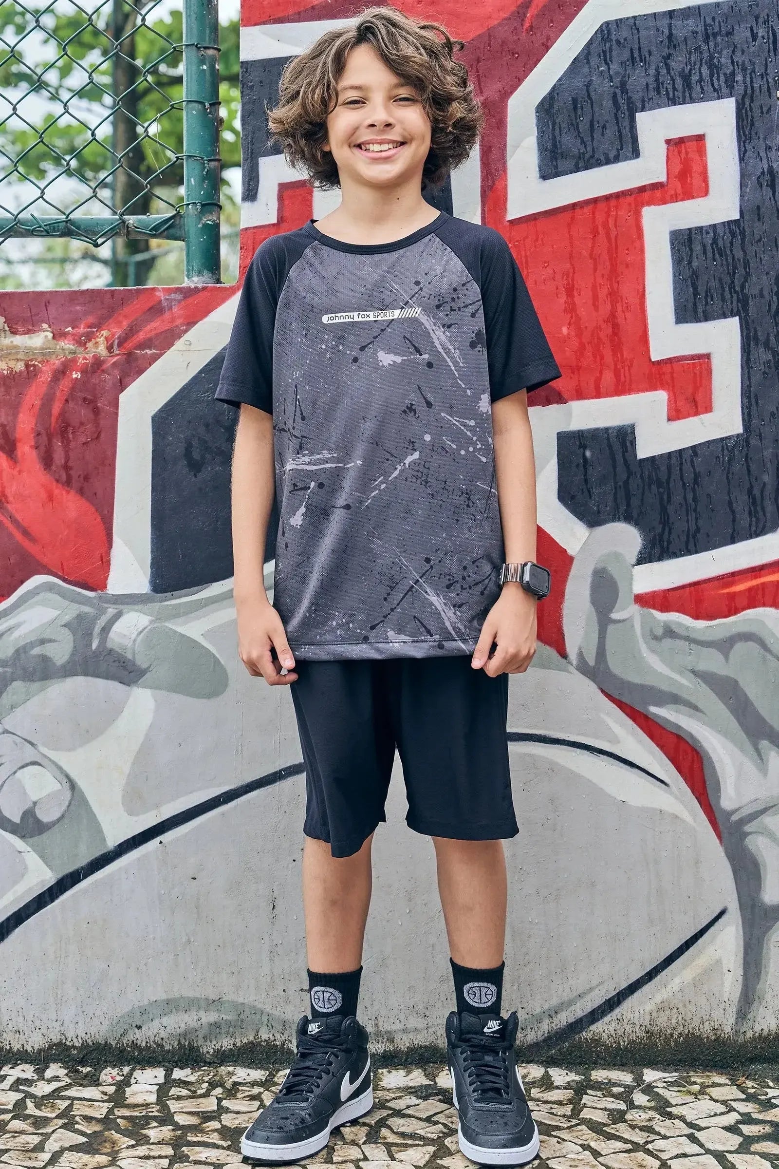 Conjunto de Camiseta e Bermuda em Malha Space Green 85649 Johnny Fox Teen Menino