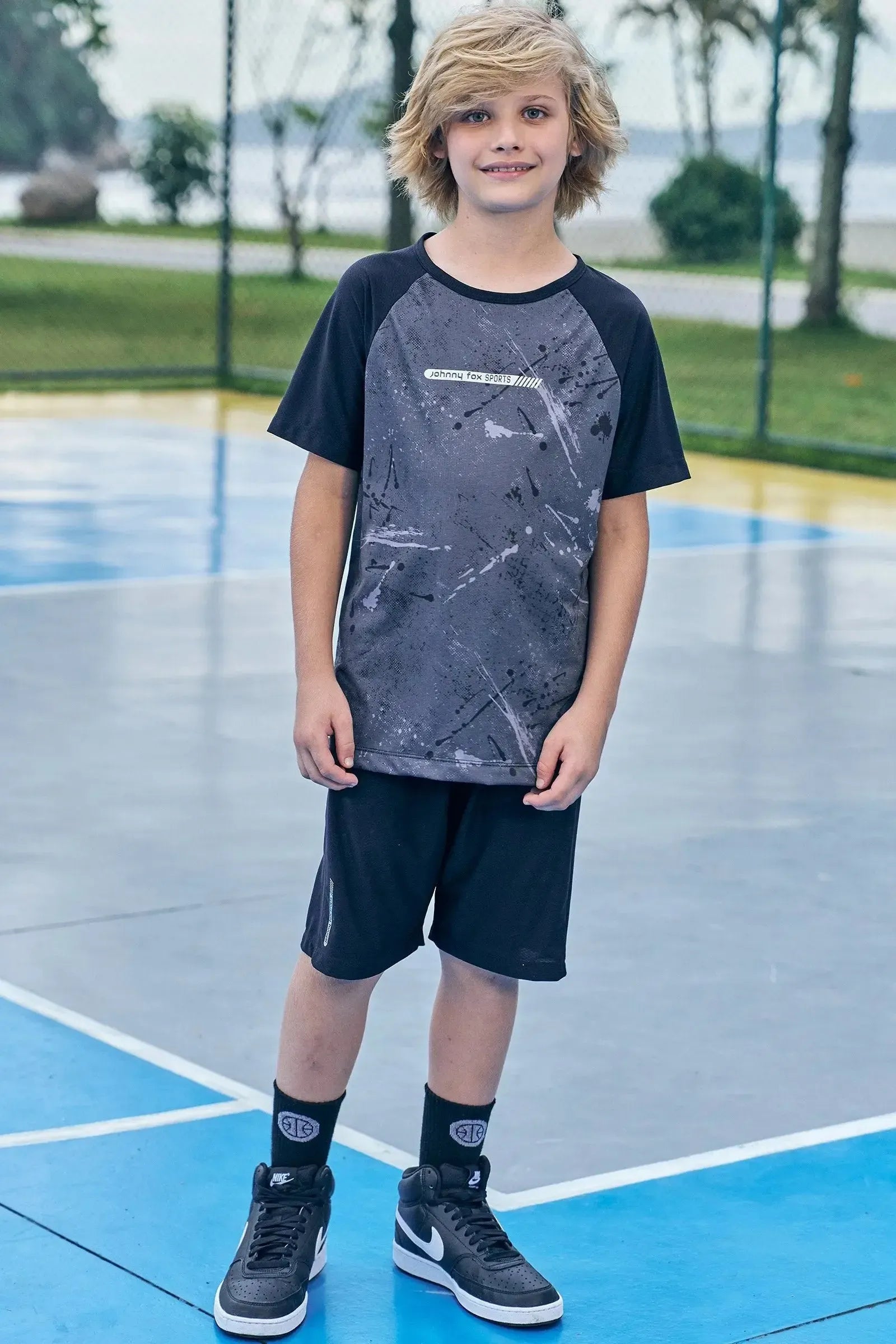 Conjunto de Camiseta e Bermuda em Malha Space Green 85649 Johnny Fox Teen Menino