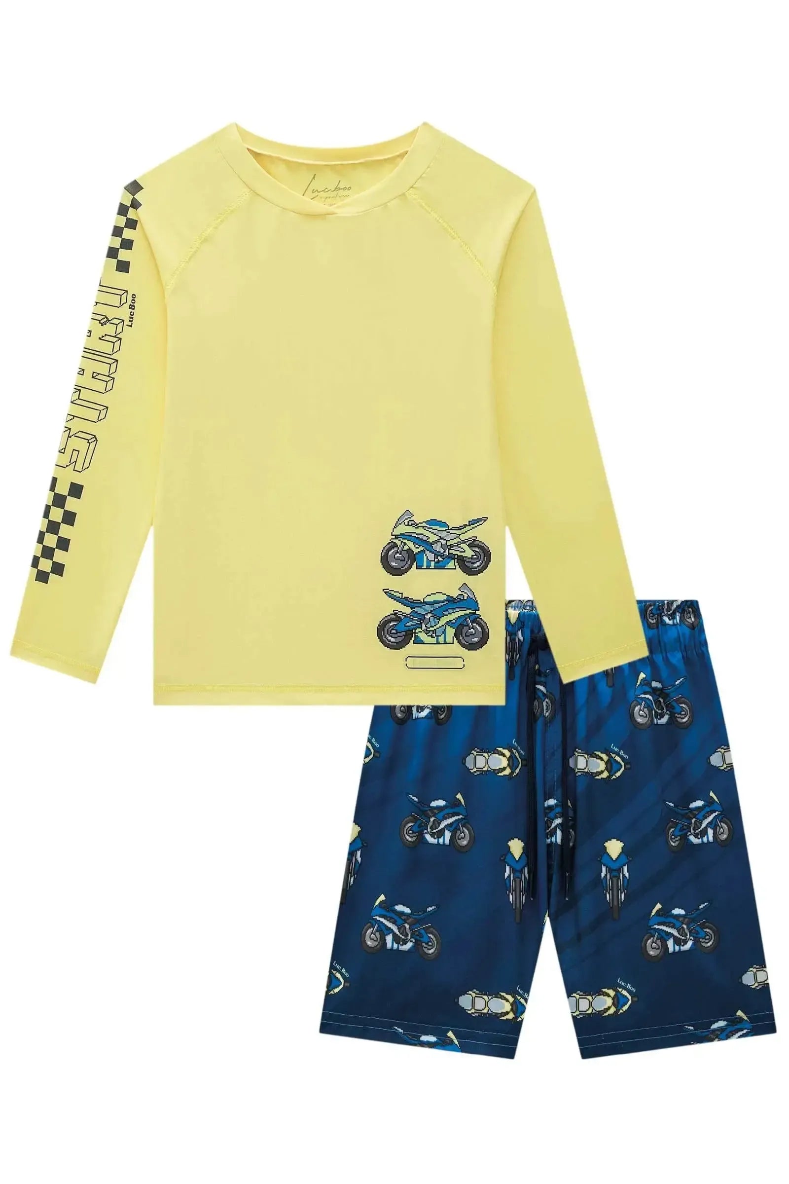Conjunto de Camiseta em Malha UV Dry com Proteção UV 50 e Bermuda Boxer em Nylon Ergonomic 85145 LucBoo Infantil Menino