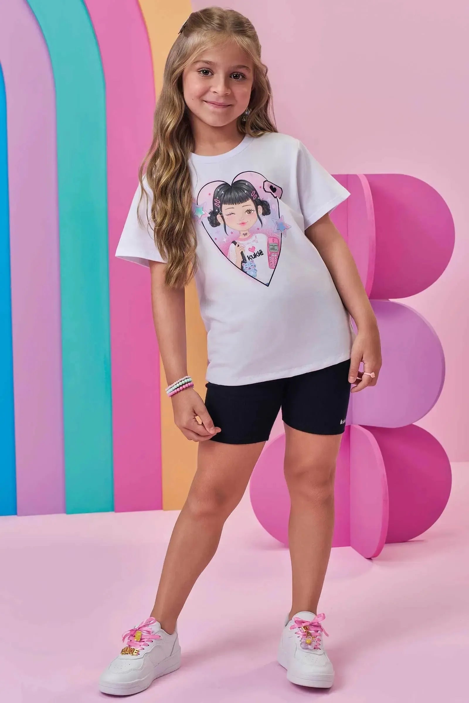 Conjunto de Camiseta em Meia Malha e Bermuda Biker em Canelado 98791 Kukiê Infantil Menina