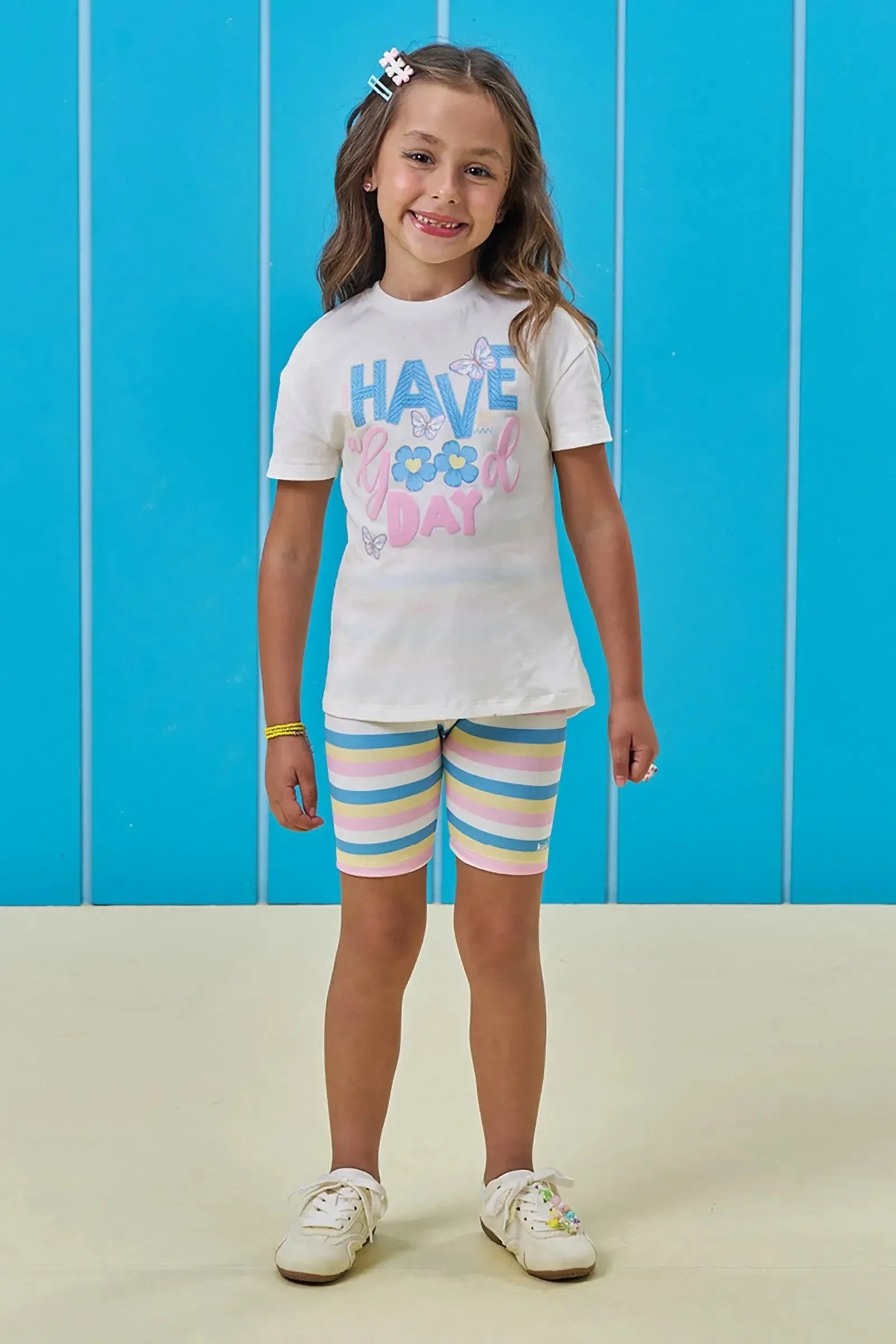 Conjunto de Camiseta em Meia Malha e Bermuda Biker em Molecotton 96368 Kukiê Infantil Menina