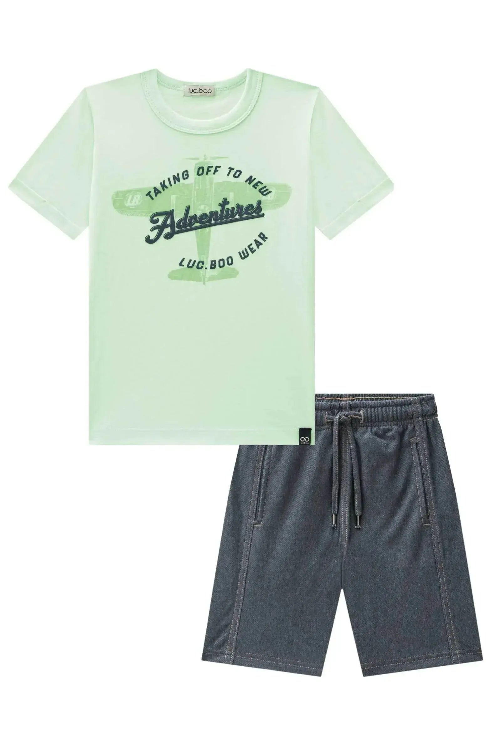 Conjunto de Camiseta em Meia Malha e Bermuda em Cotton Jeans com Elastano 94571 LucBoo Infantil Menino