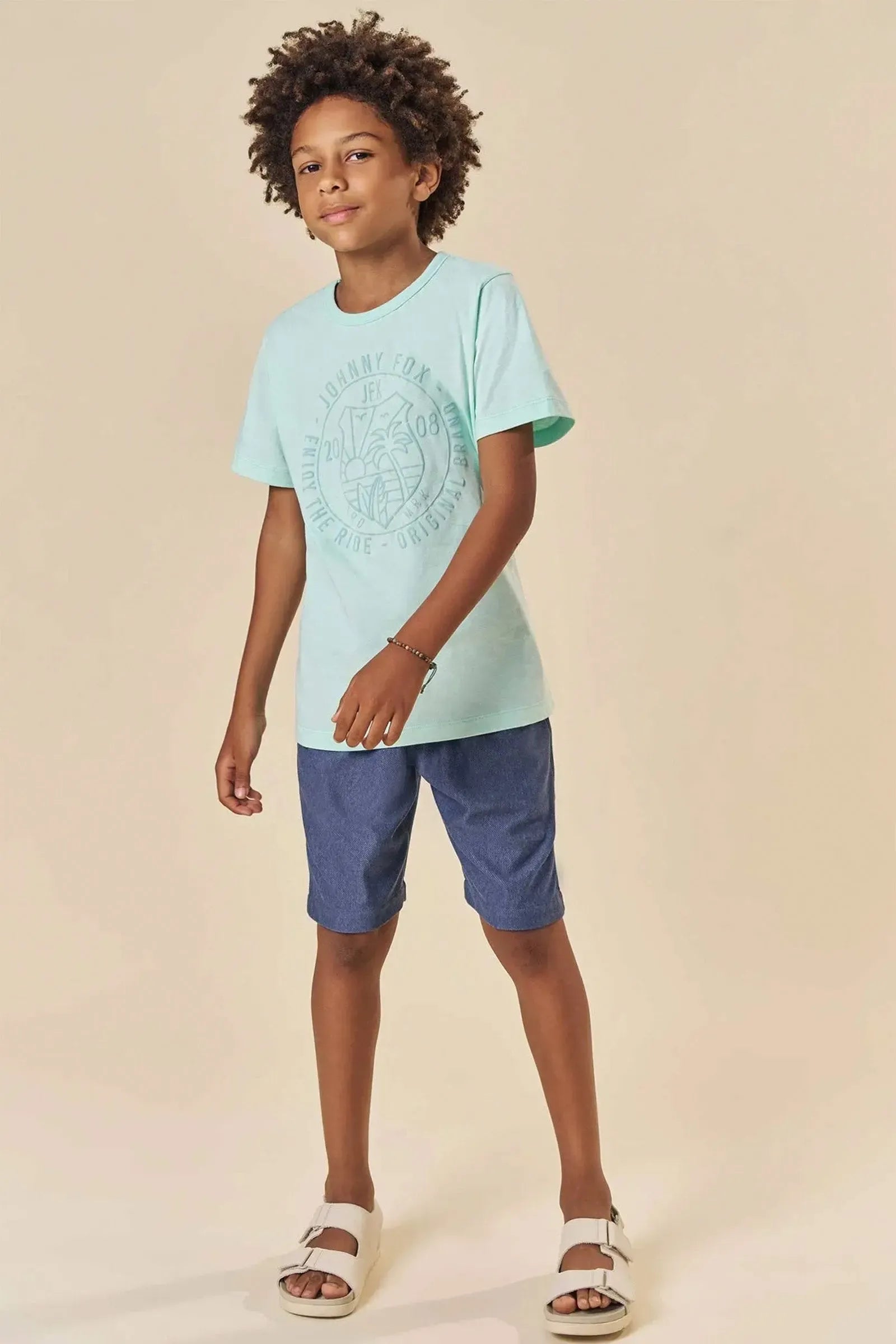 Conjunto de Camiseta em Meia Malha e Bermuda em Cotton Jeans com Elastano 84087 Johnny Fox Teen Menino