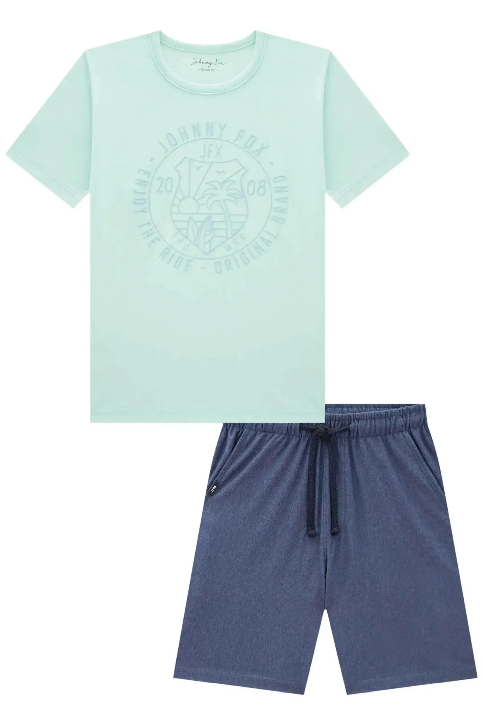 Conjunto de Camiseta em Meia Malha e Bermuda em Cotton Jeans com Elastano 84087 Johnny Fox Teen Menino