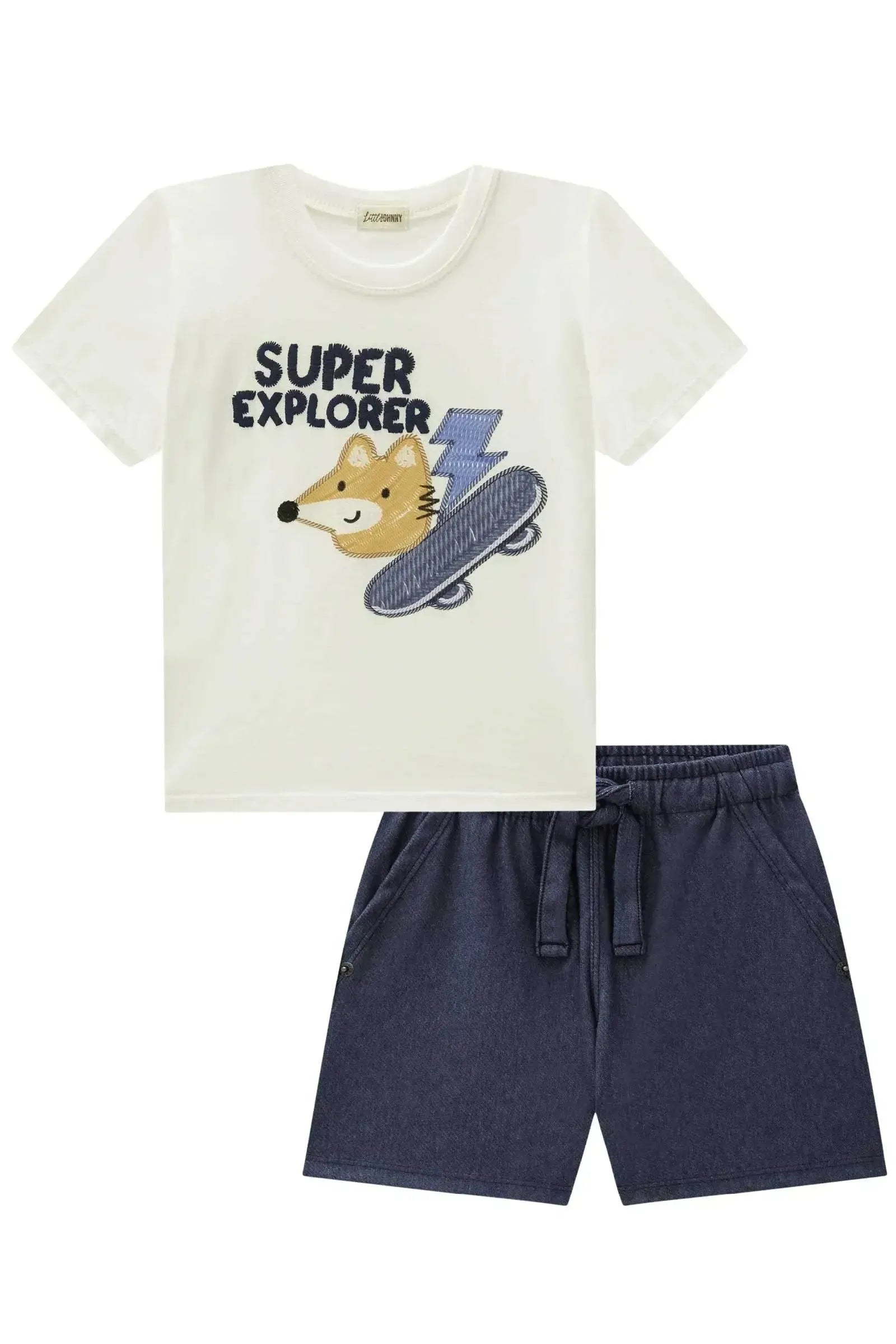 Conjunto de Camiseta em Meia Malha e Bermuda em Cotton Jeans com Elastano 87907 Johnny Fox Bebê Menino