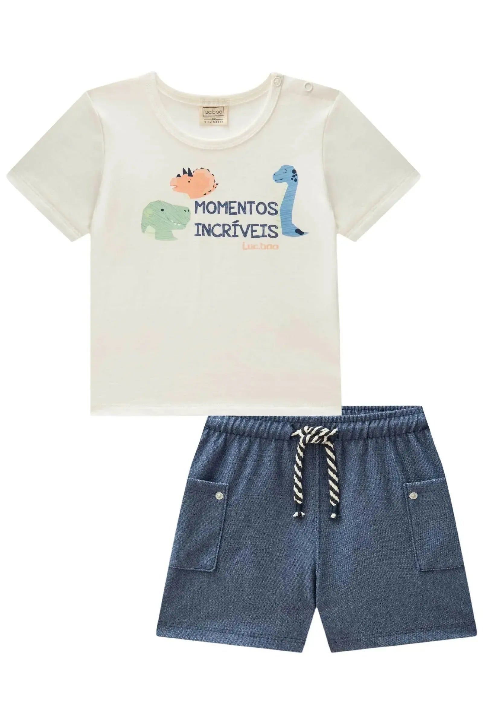 Conjunto de Camiseta em Meia Malha e Bermuda em Cotton Jeans com Elastano 88661 LucBoo Bebê Menino