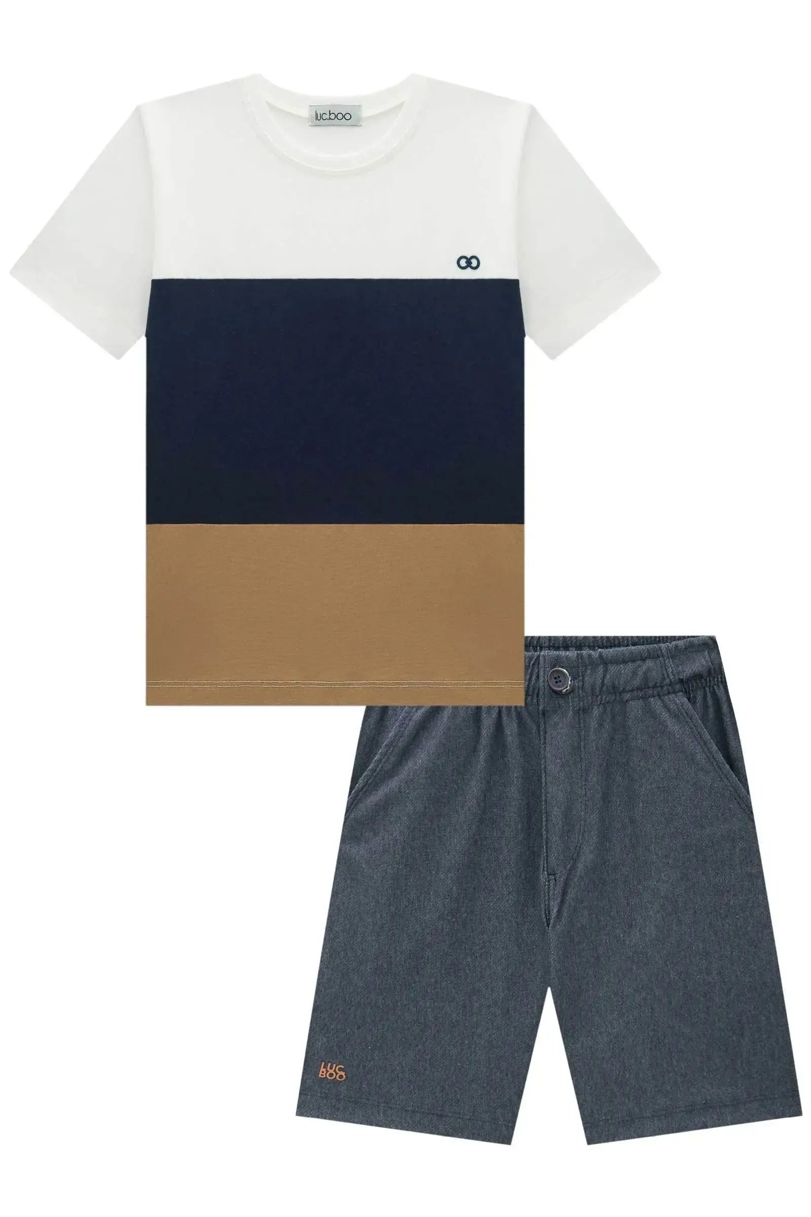 Conjunto de Camiseta em Meia Malha e Bermuda em Cotton Jeans com Elastano 92433 LucBoo Infantil Menino