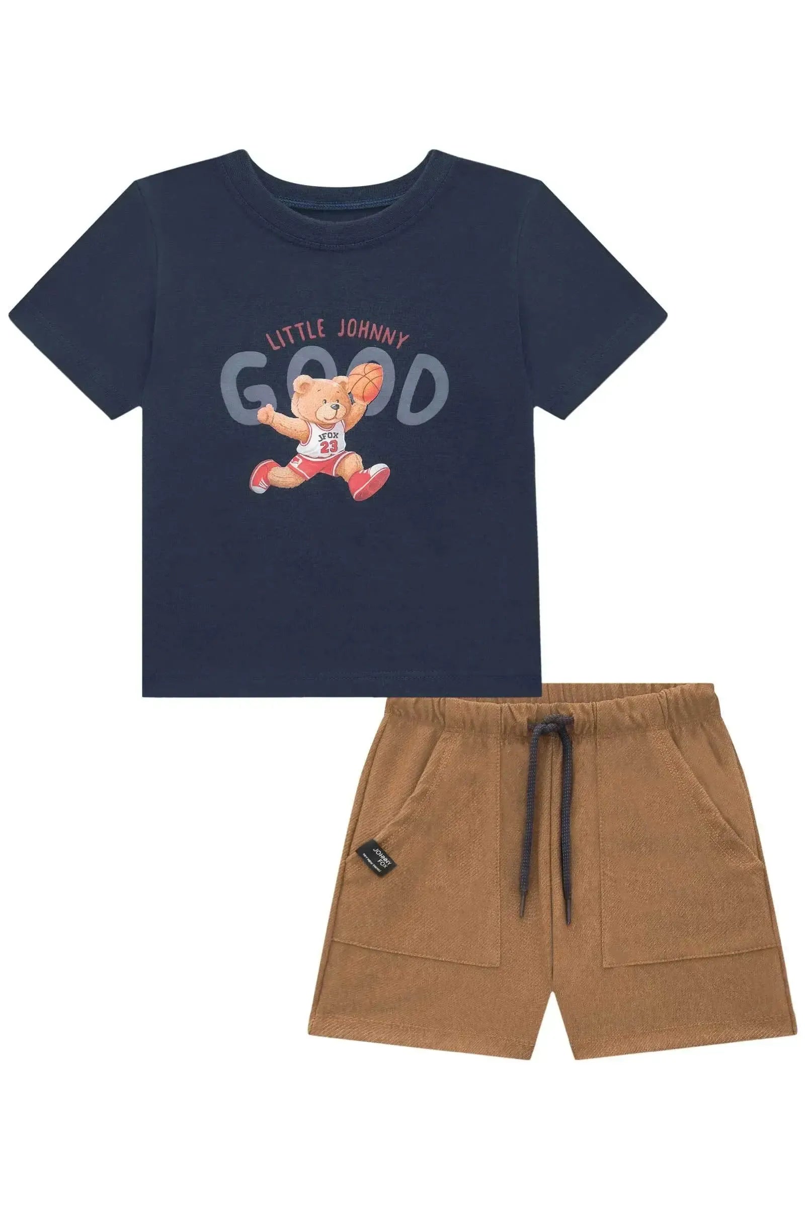 Conjunto de Camiseta em Meia Malha e Bermuda em Cotton Jeans com Elastano 93899 Johnny Fox Bebê Menino