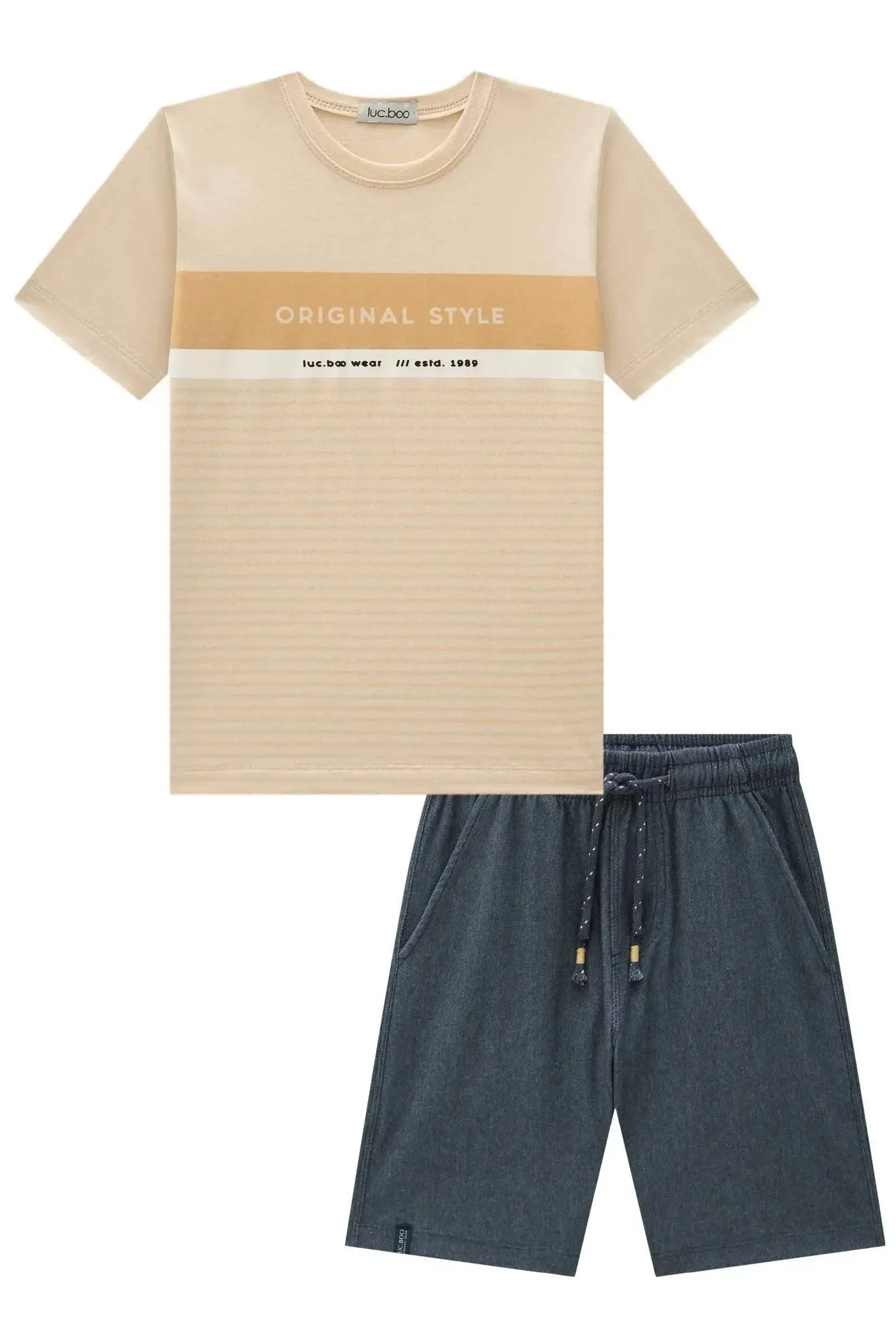 Conjunto de Camiseta em Meia Malha e Bermuda em Cotton Jeans com Elastano 96976 LucBoo Infantil Menino