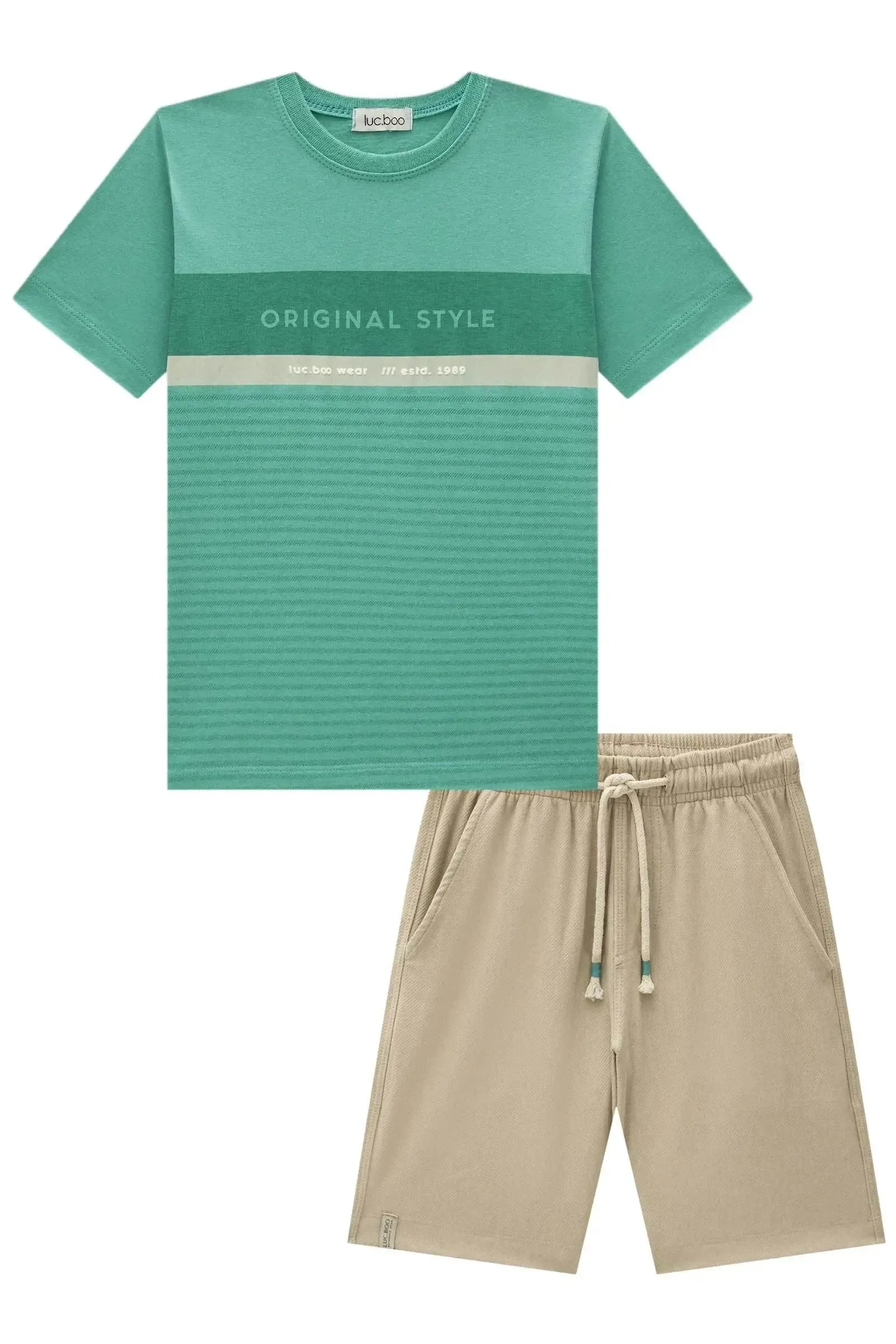 Conjunto de Camiseta em Meia Malha e Bermuda em Cotton Jeans com Elastano 96976 LucBoo Infantil Menino
