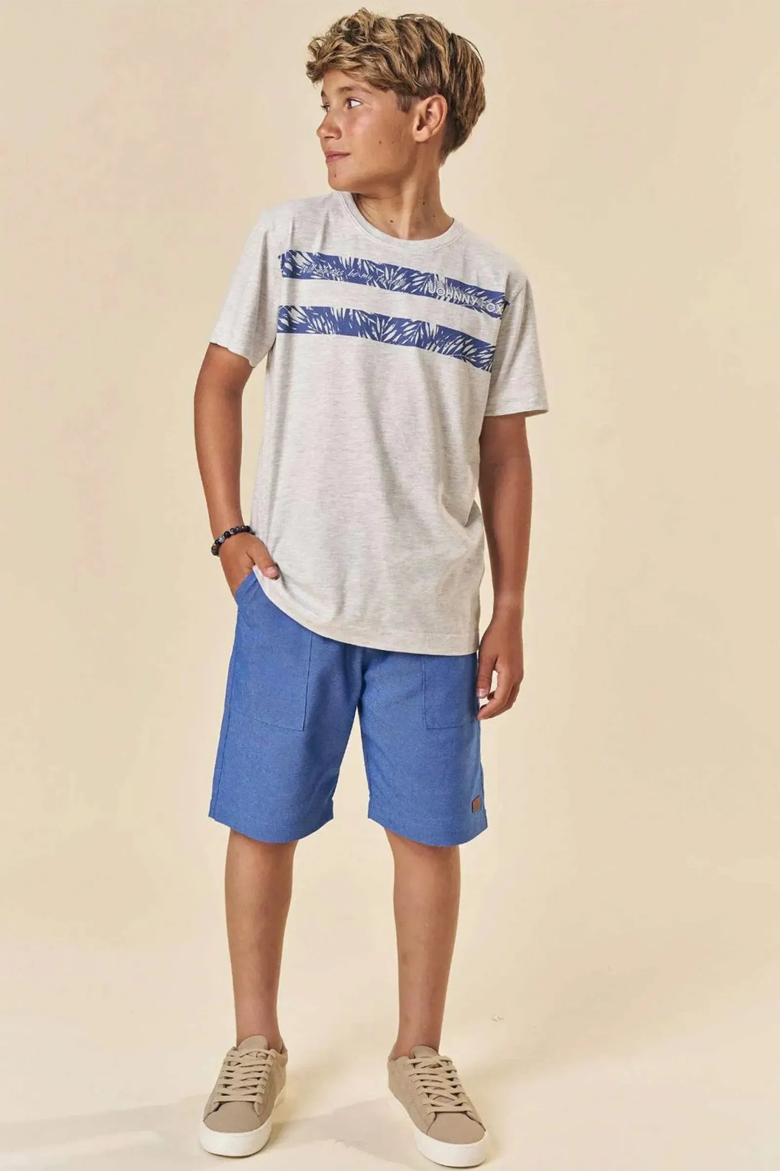 Conjunto de Camiseta em Meia Malha e Bermuda em Ecostretch 84064 Johnny Fox Teen Menino