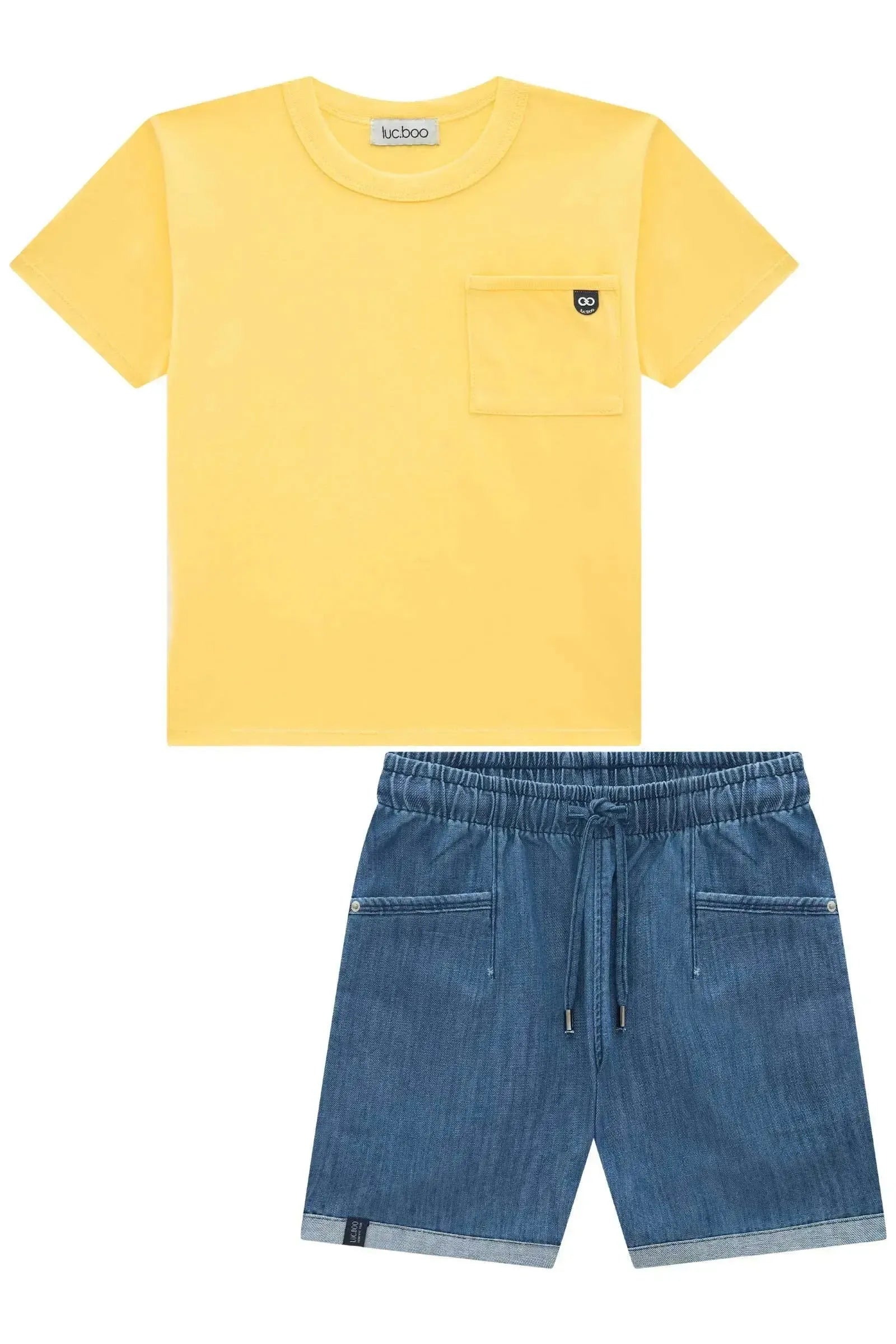 Conjunto de Camiseta em Meia Malha e Bermuda em Jeans Benicio com Elastano 97270 LucBoo Infantil Menino