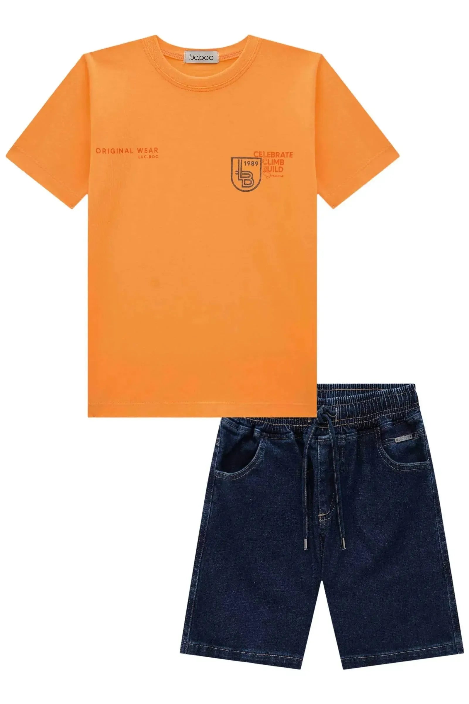 Conjunto de Camiseta em Meia Malha e Bermuda em Jeans Guga com Elastano 85268 LucBoo Infantil Menino
