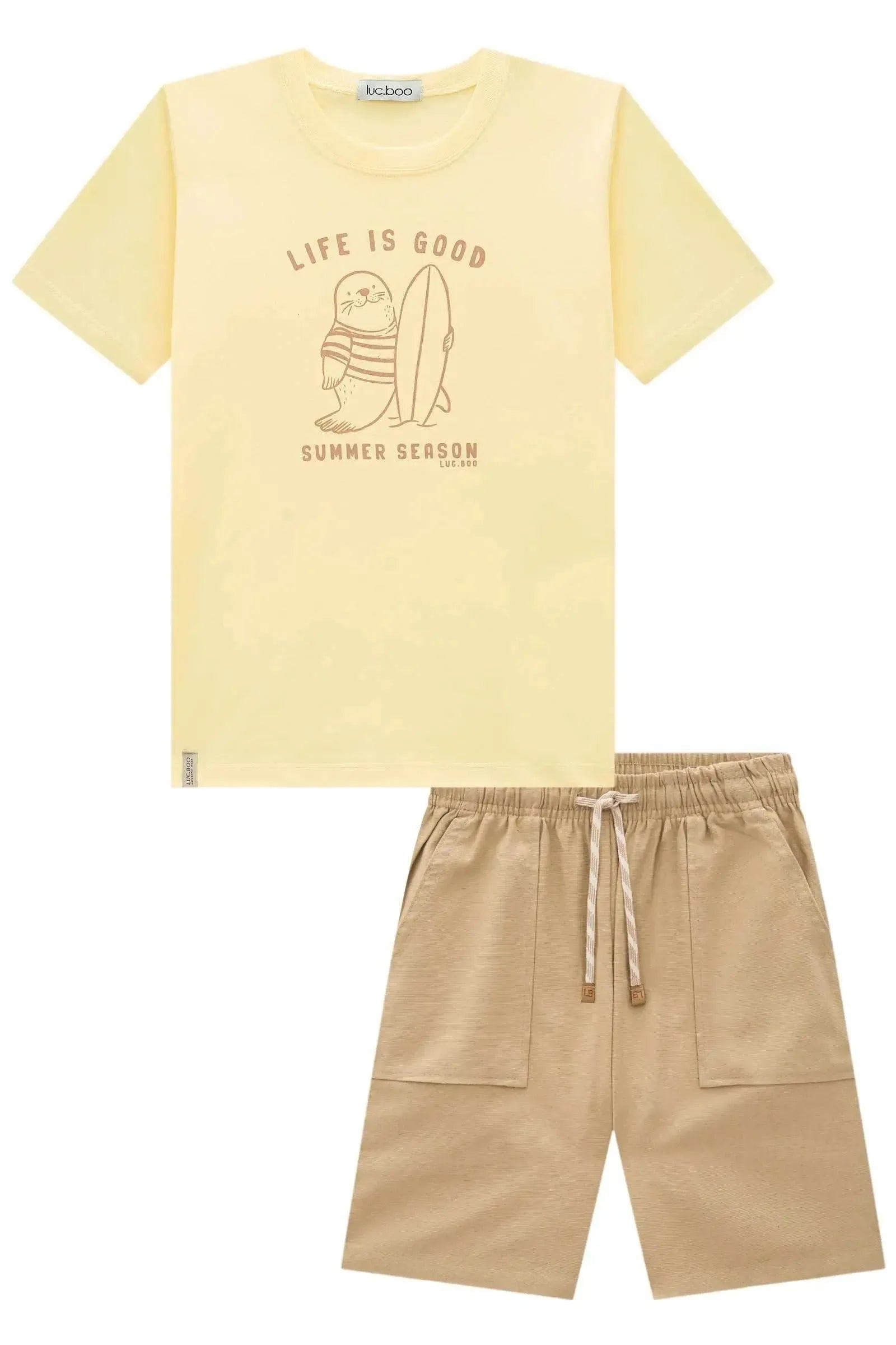 Conjunto de Camiseta em Meia Malha e Bermuda em Linho Santorine com Elastano 96555 LucBoo Infantil Menino