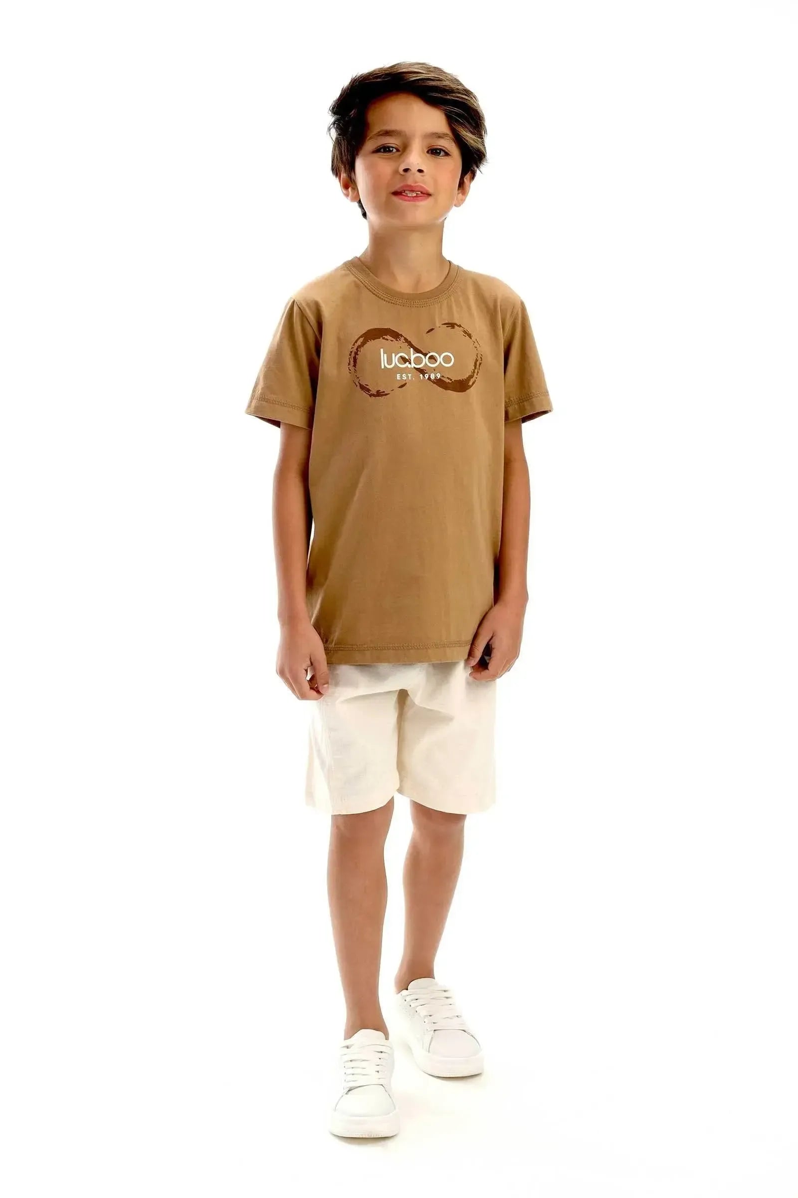 Conjunto de Camiseta em Meia Malha e Bermuda em Linho Santorine com Elastano 93123 LucBoo Infantil Menino