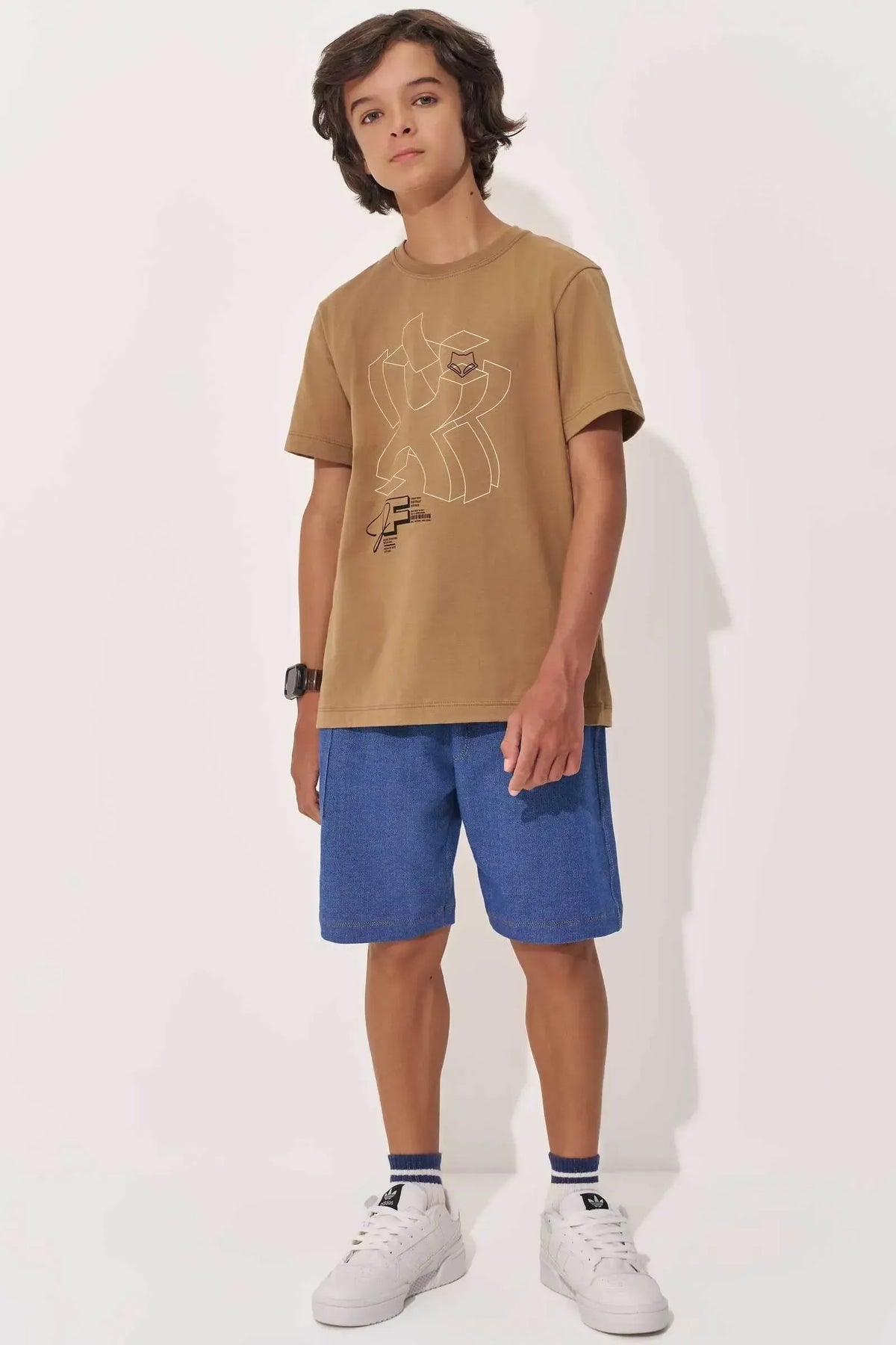 Conjunto de Camiseta em Meia Malha e Bermuda em Malha Denim com Elastano 98002 Johnny Fox Teen Menino