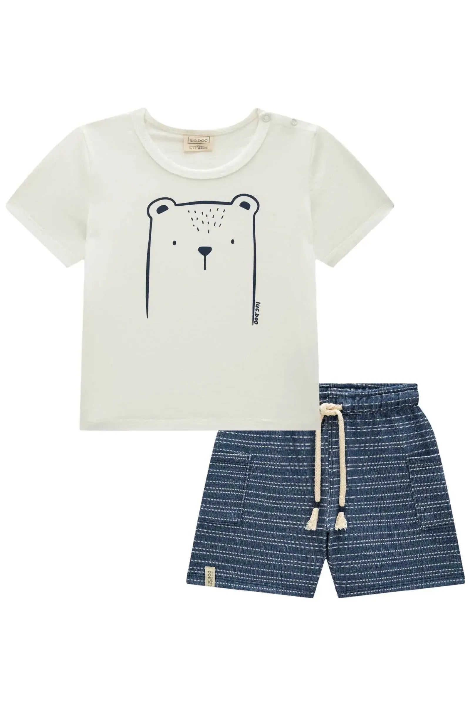 Conjunto de Camiseta em Meia Malha e Bermuda em Moletom Listrado sem Pelúcia 84744 LucBoo Bebê Menino