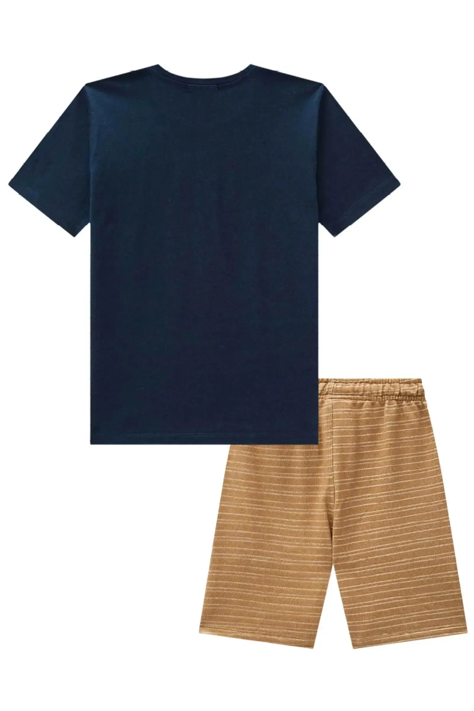 Conjunto de Camiseta em Meia Malha e Bermuda em Moletom Listrado sem Pelúcia 84773 LucBoo Infantil Menino
