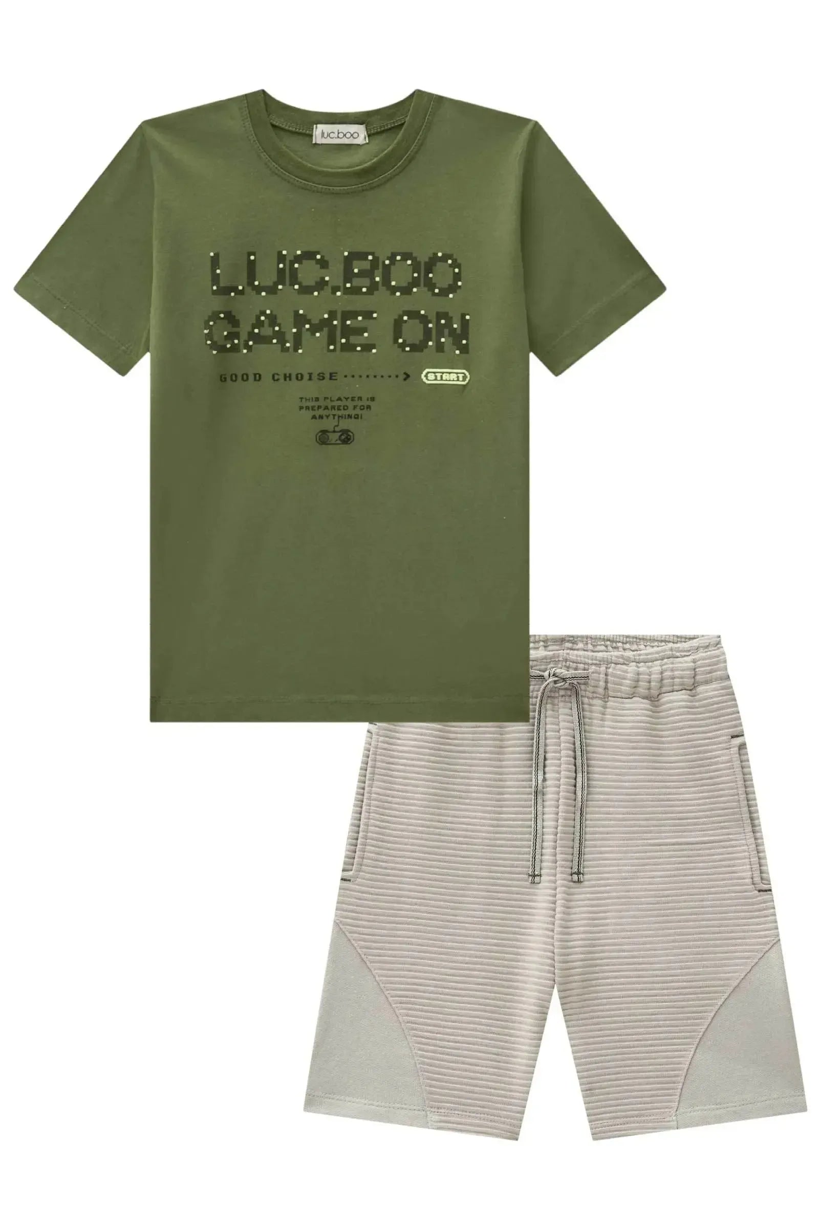 Conjunto de Camiseta em Meia Malha e Bermuda em Moletom Relevo 84499 LucBoo Infantil Menino