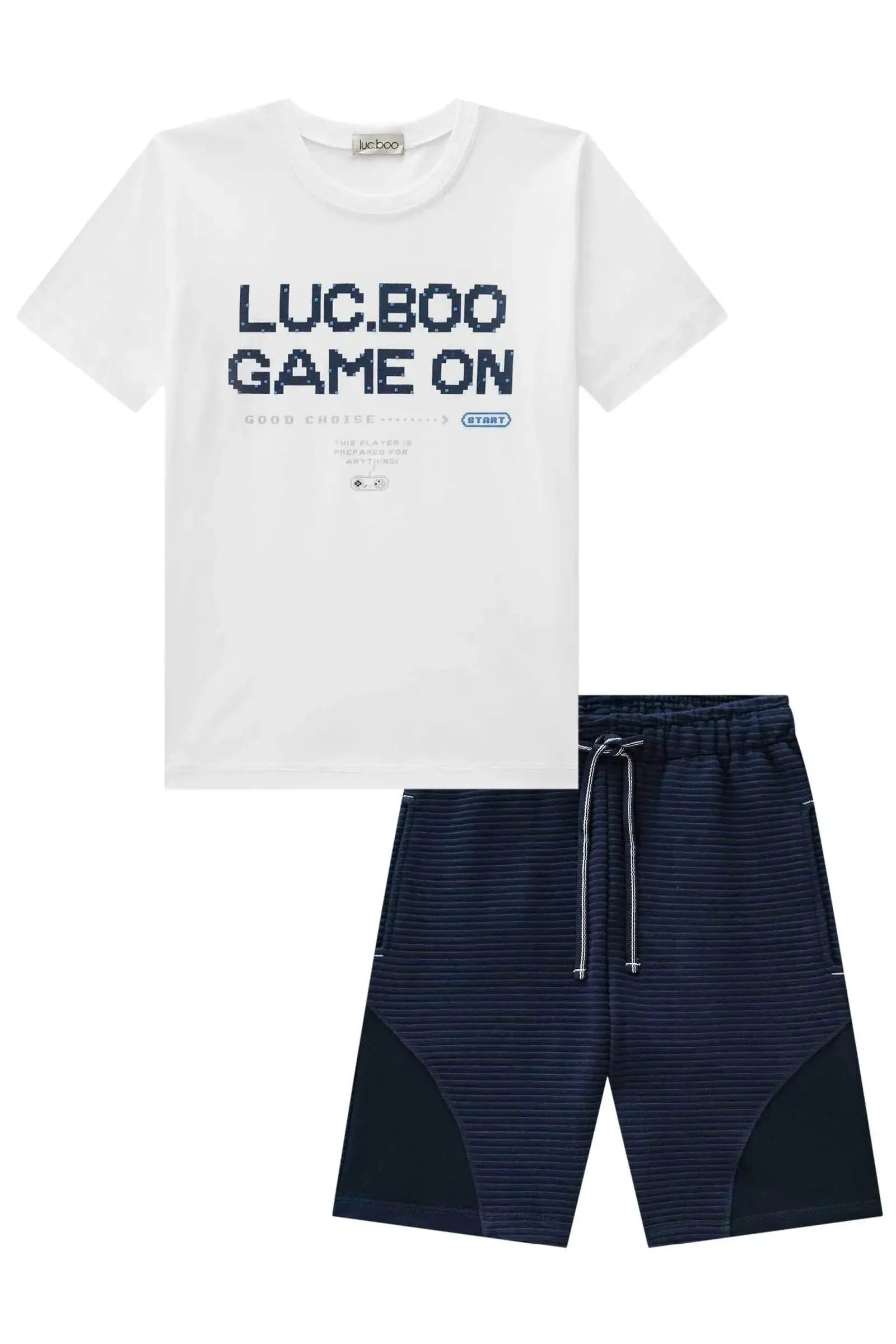 Conjunto de Camiseta em Meia Malha e Bermuda em Moletom Relevo 84499 LucBoo Infantil Menino