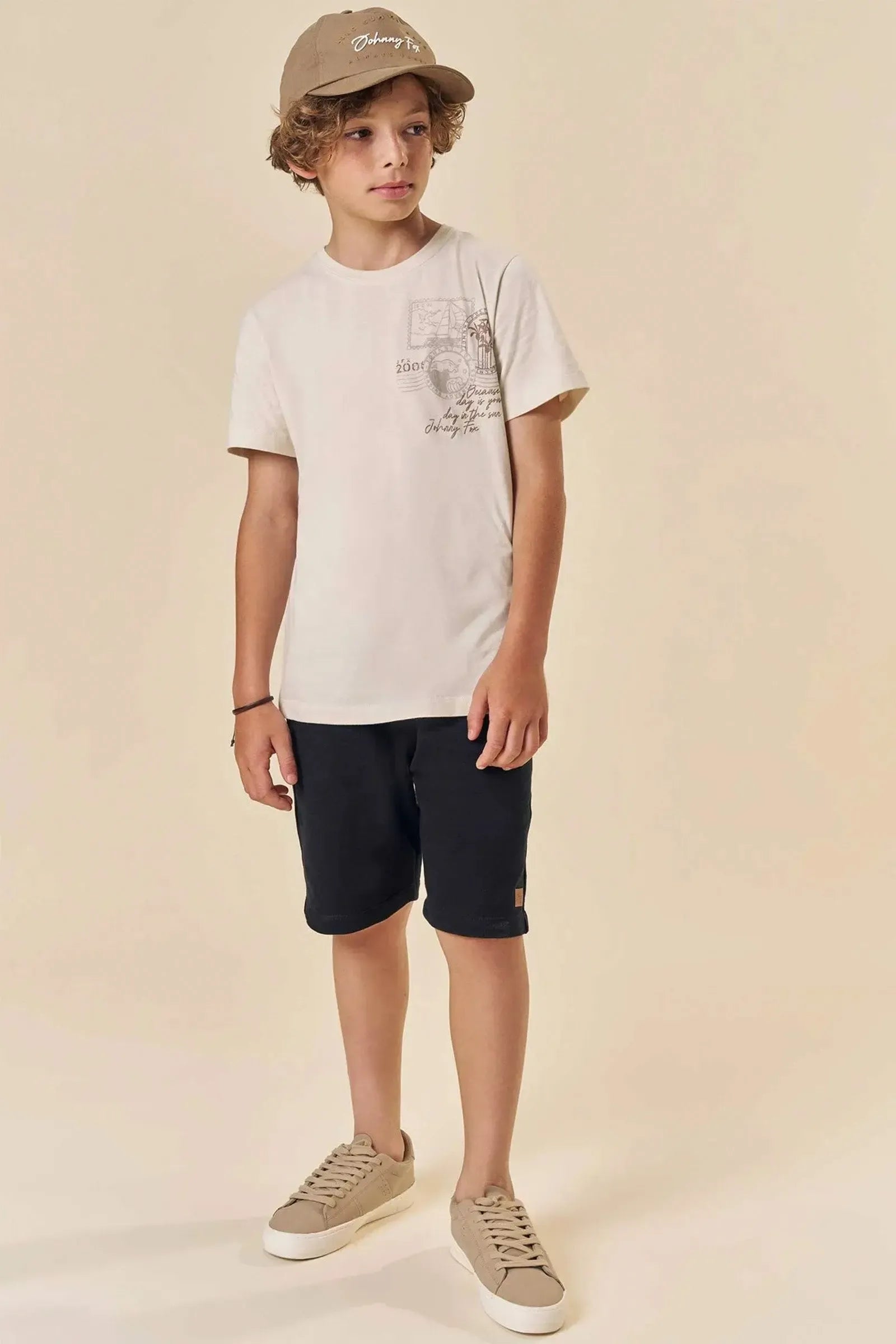 Conjunto de Camiseta em Meia Malha e Bermuda em Moletom sem Pelúcia 84067 Johnny Fox Teen Menino