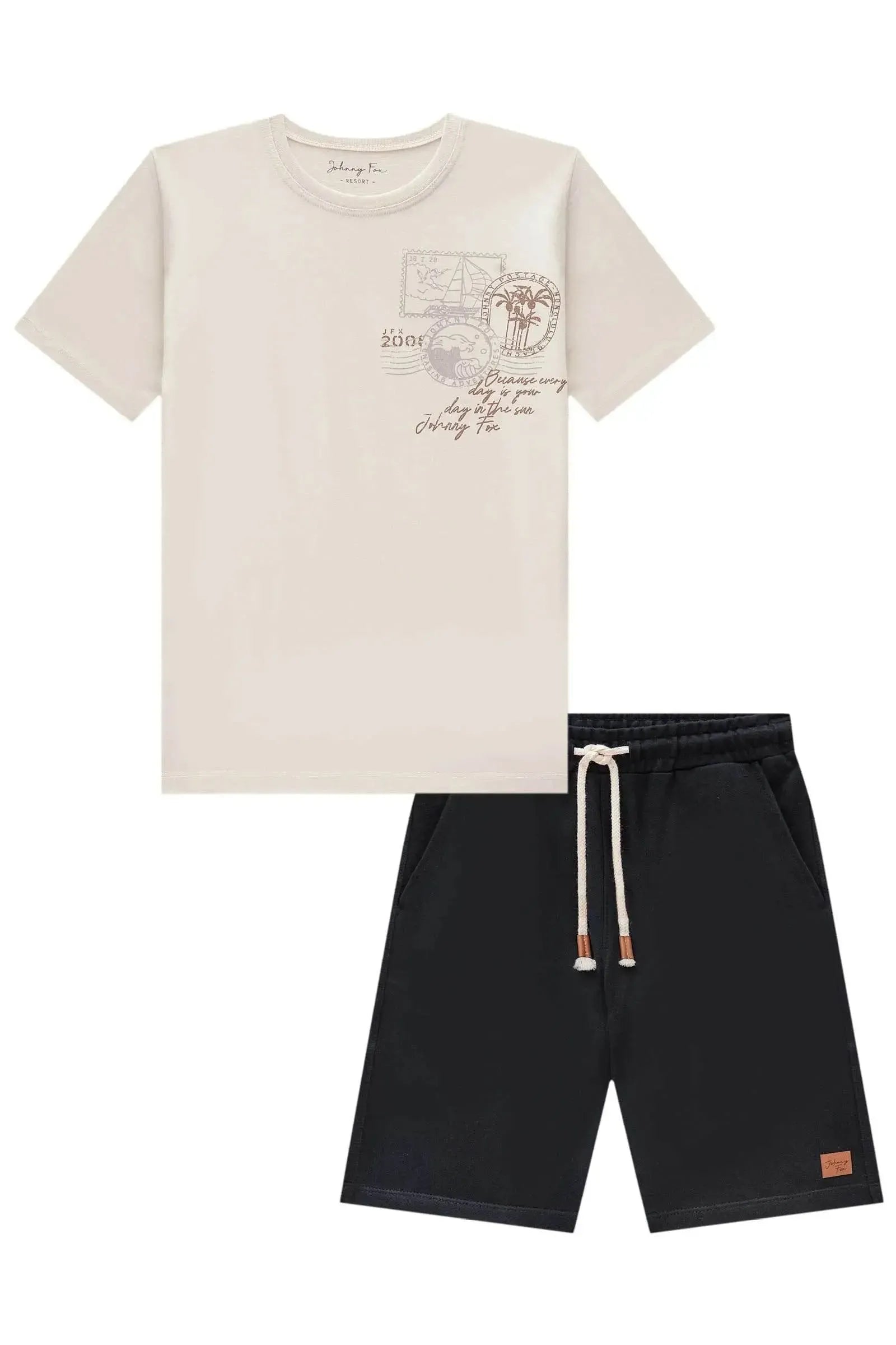 Conjunto de Camiseta em Meia Malha e Bermuda em Moletom sem Pelúcia 84067 Johnny Fox Teen Menino