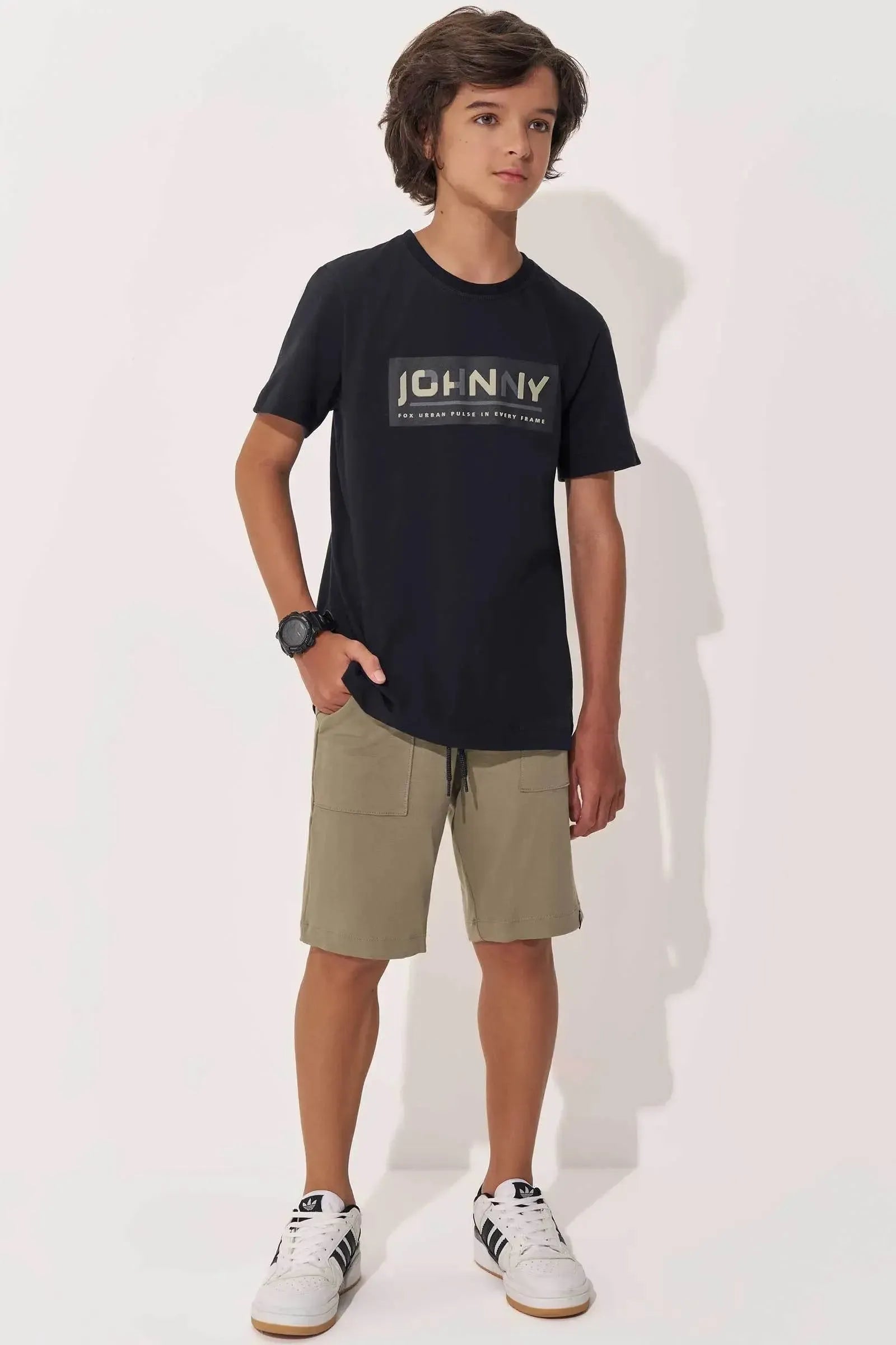 Conjunto de Camiseta em Meia Malha e Bermuda em Molevisco com Elastano 97976 Johnny Fox Teen Menino
