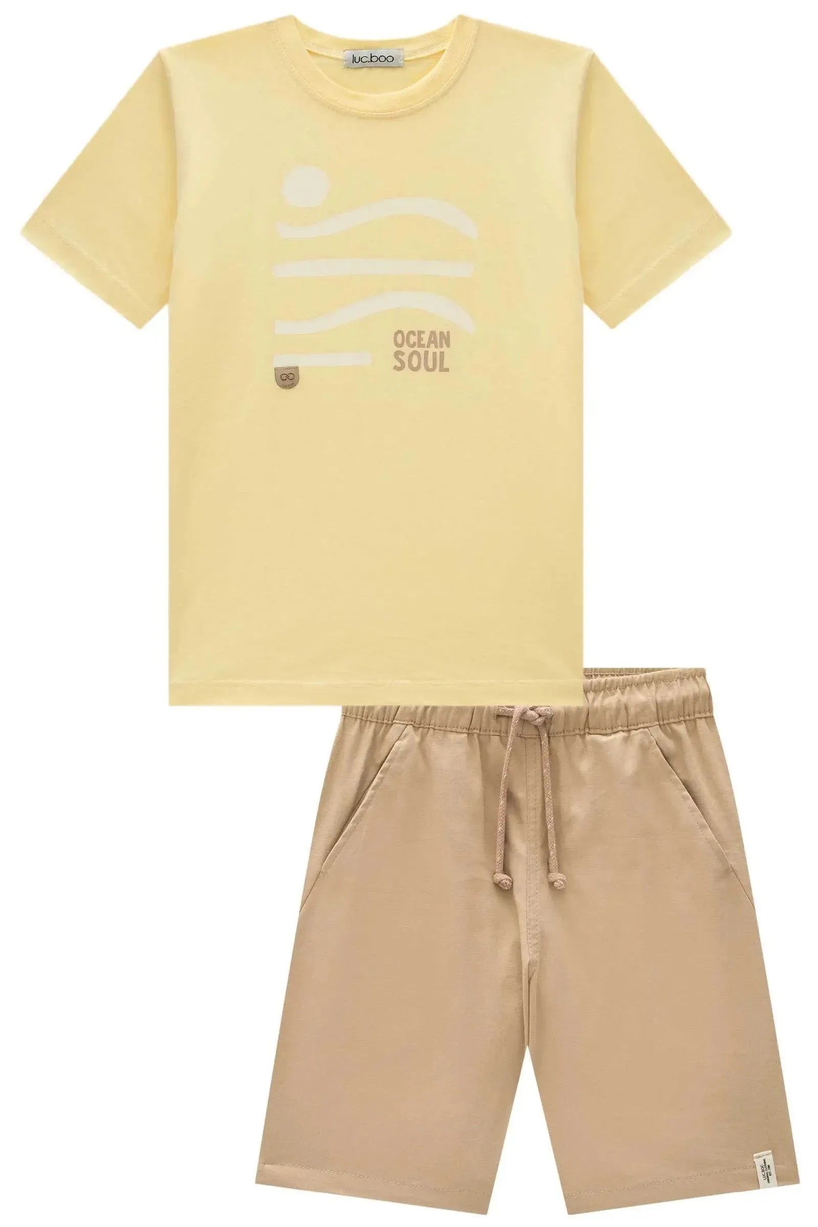 Conjunto de Camiseta em Meia Malha e Bermuda em Sarja Girassol com Elastano 97186 LucBoo Infantil Menino