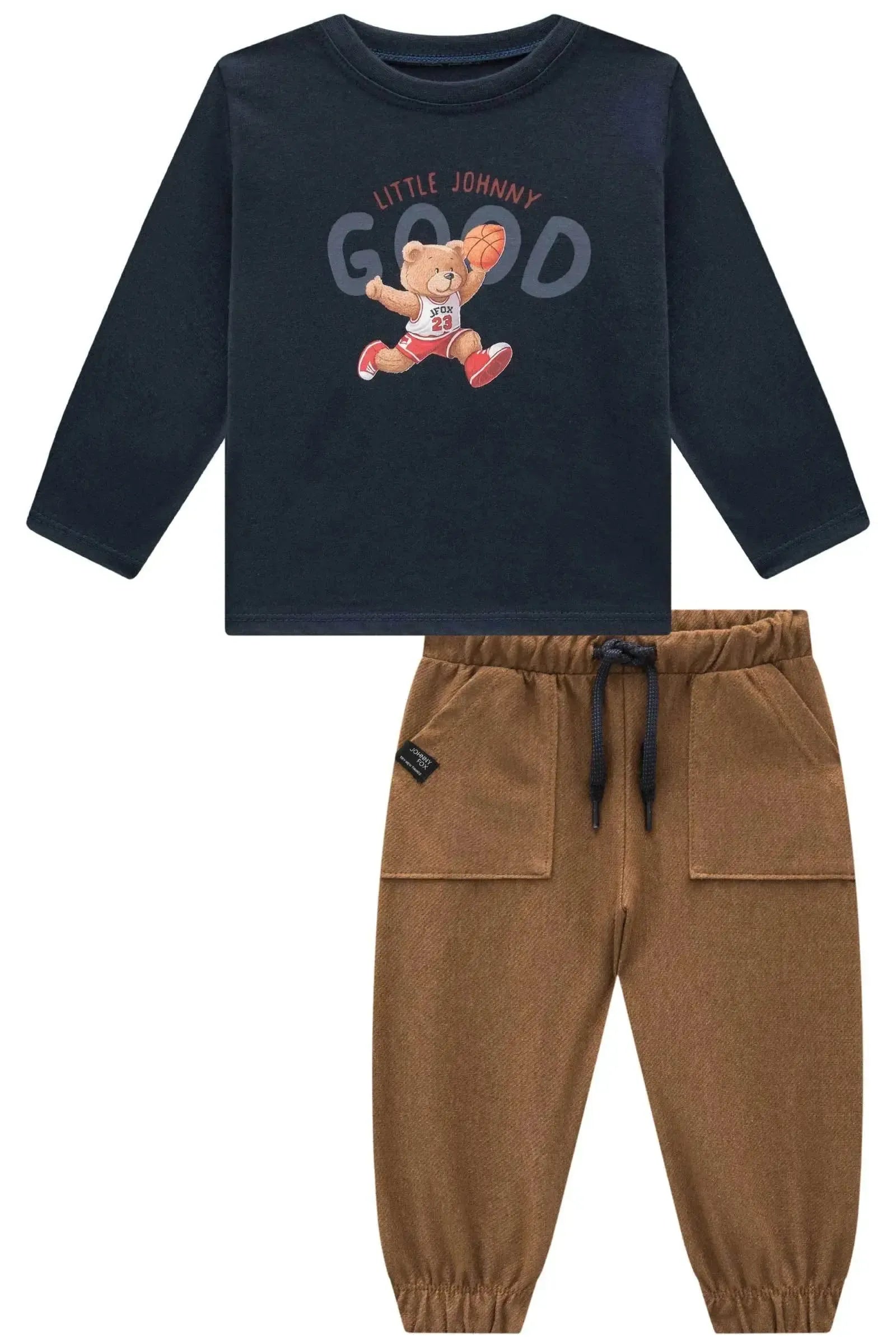 Conjunto de Camiseta em Meia Malha e Calça Jogger em Cotton Jeans com Elastano 92301 Johnny Fox Bebê Menino