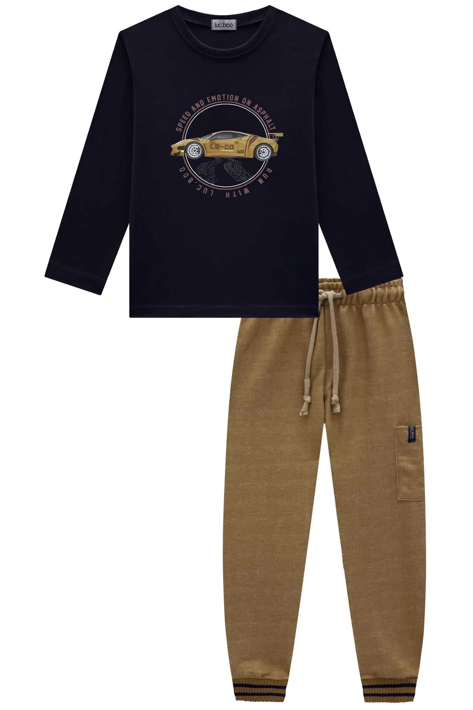 Conjunto de Camiseta em Meia Malha e Calça Jogger em Moletom Trabalhado sem Pelúcia 81350 LucBoo Infantil Menino