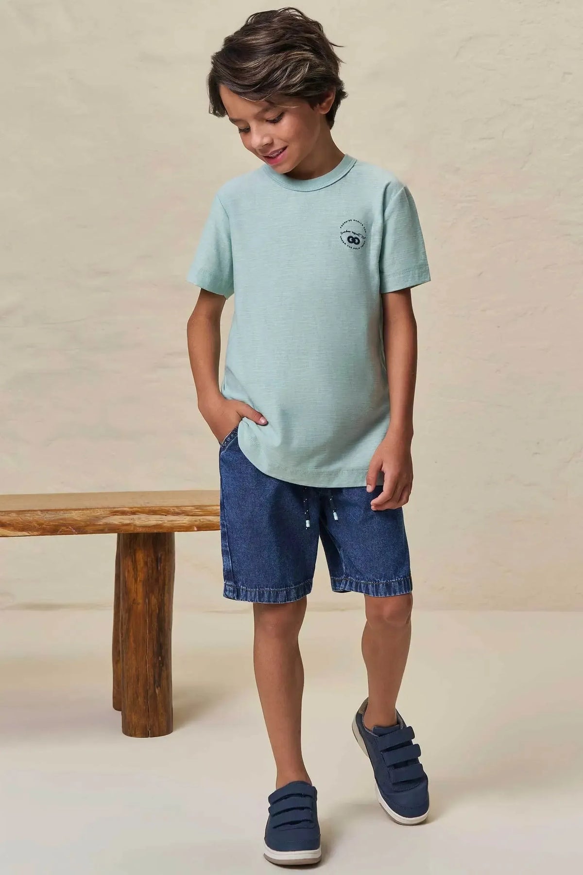 Conjunto de Camiseta em Meia Malha Flamê e Bermuda em Jeans Teca 99063 LucBoo Infantil Menino