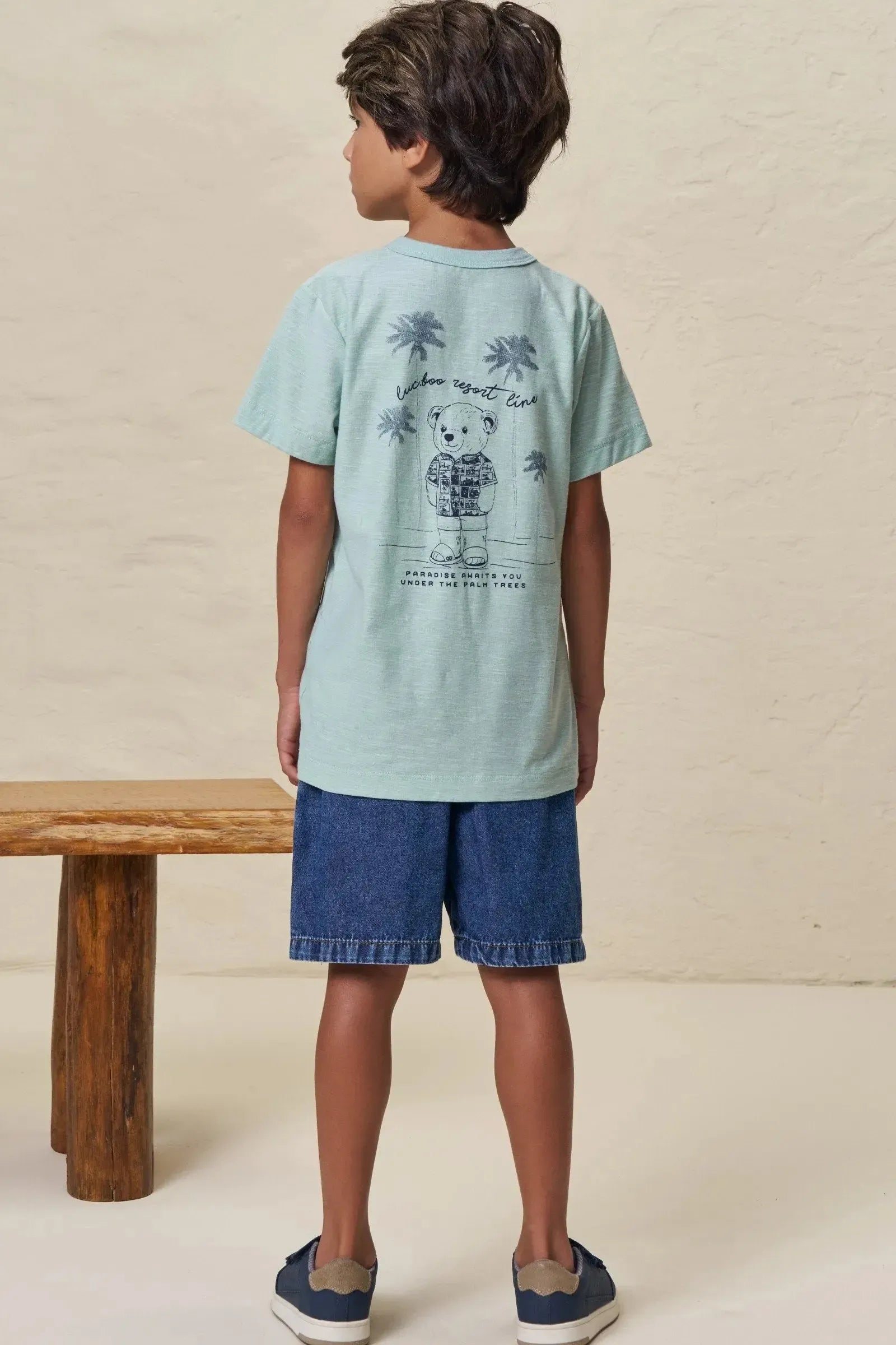 Conjunto de Camiseta em Meia Malha Flamê e Bermuda em Jeans Teca 99063 LucBoo Infantil Menino