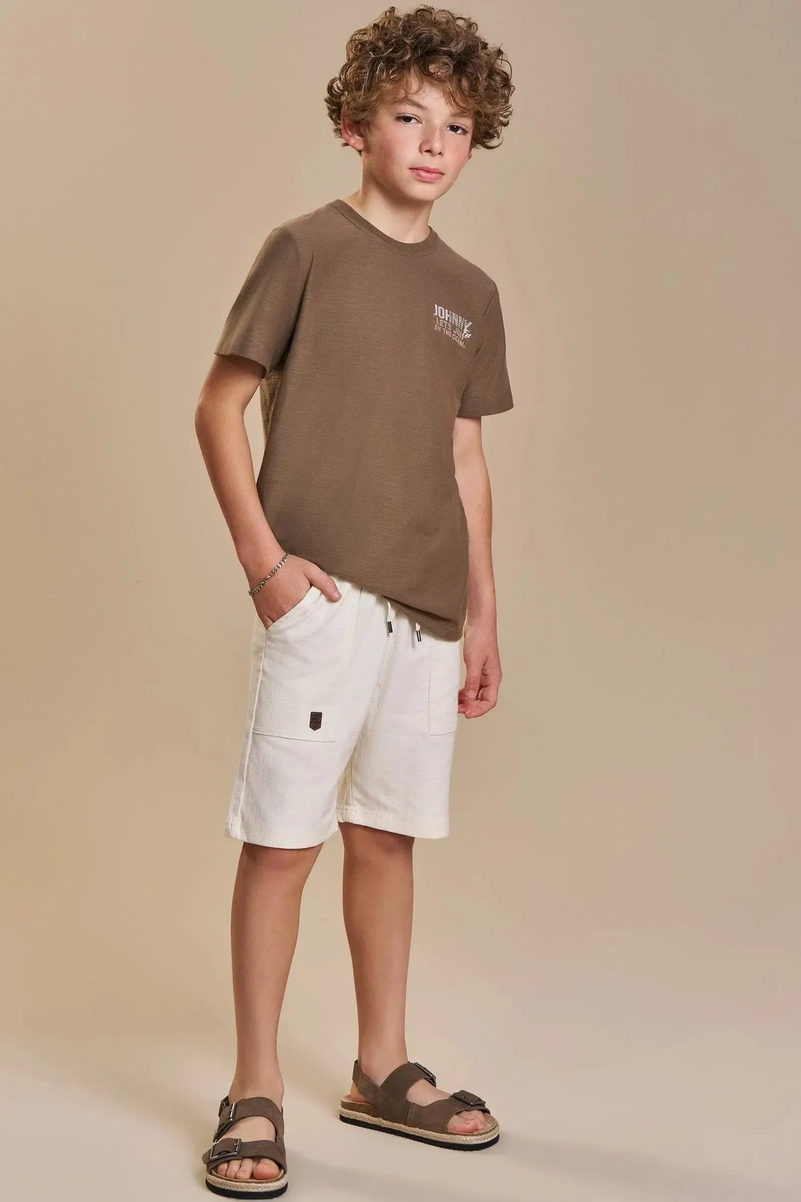 Conjunto de Camiseta em Meia Malha Flamê e Bermuda em Linho Santorine com Elastano 93016 Johnny Fox Teen Menino