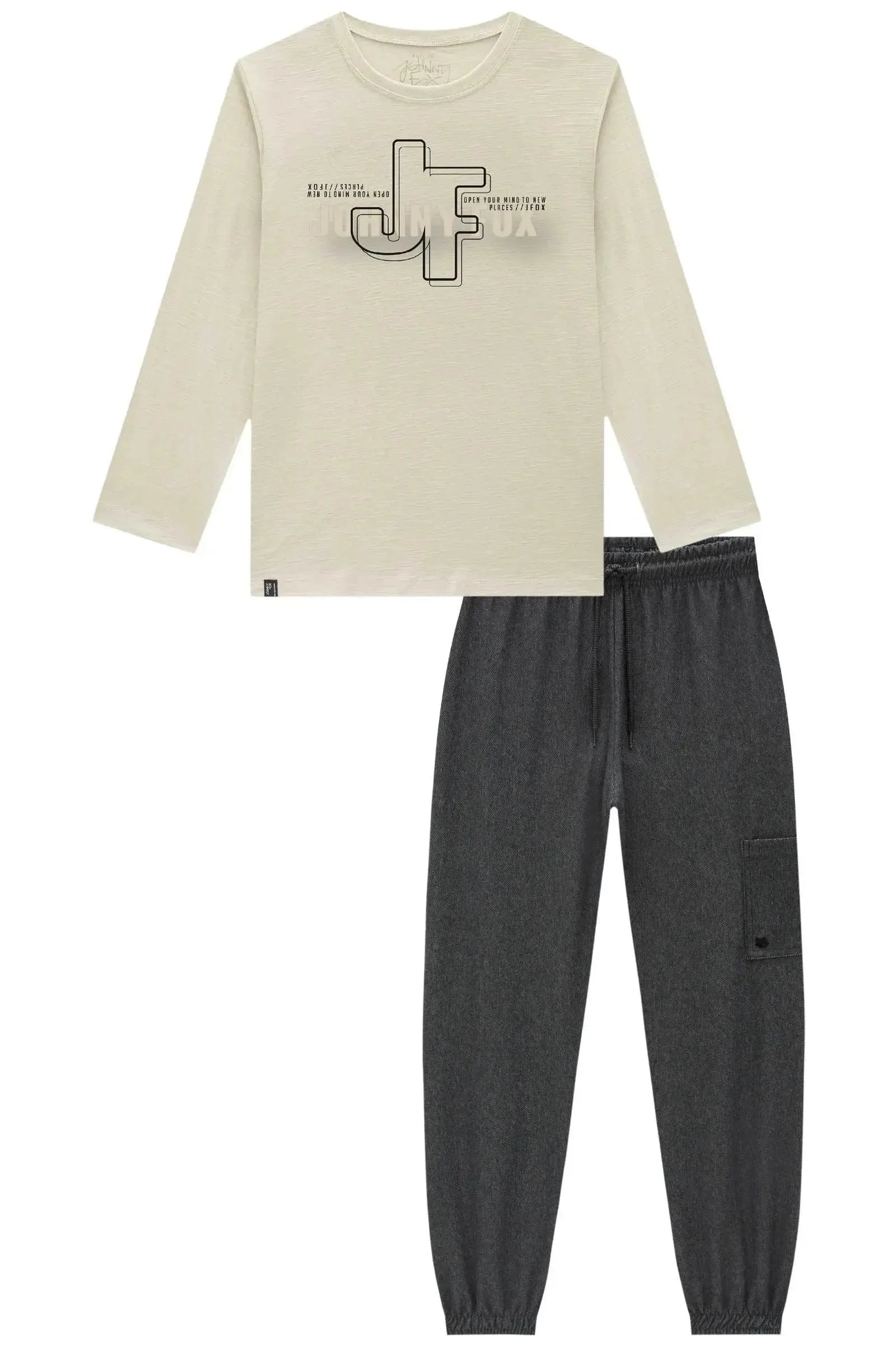 Conjunto de Camiseta em Meia Malha Flamê e Calça Jogger em Cotton Jeans com Elastano 92670 Johnny Fox Teen Menino