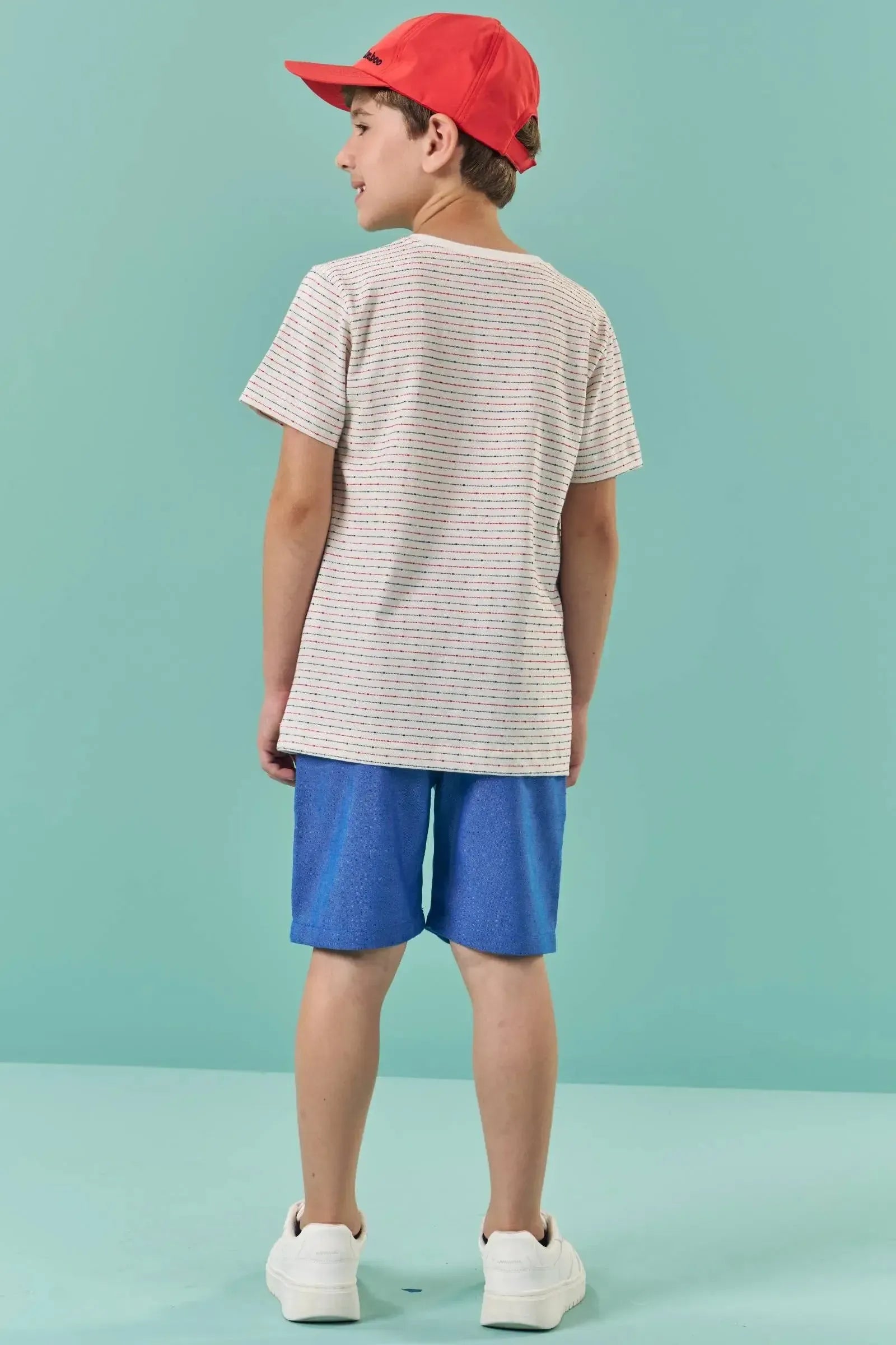 Conjunto de Camiseta em Meia Malha Listrada e Bermuda em Tecido Dubai com Elastano 82823 LucBoo Infantil Menino