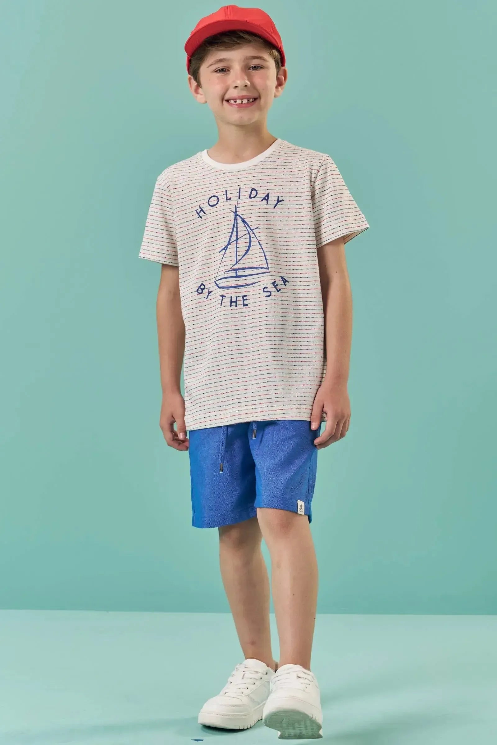 Conjunto de Camiseta em Meia Malha Listrada e Bermuda em Tecido Dubai com Elastano 82823 LucBoo Infantil Menino